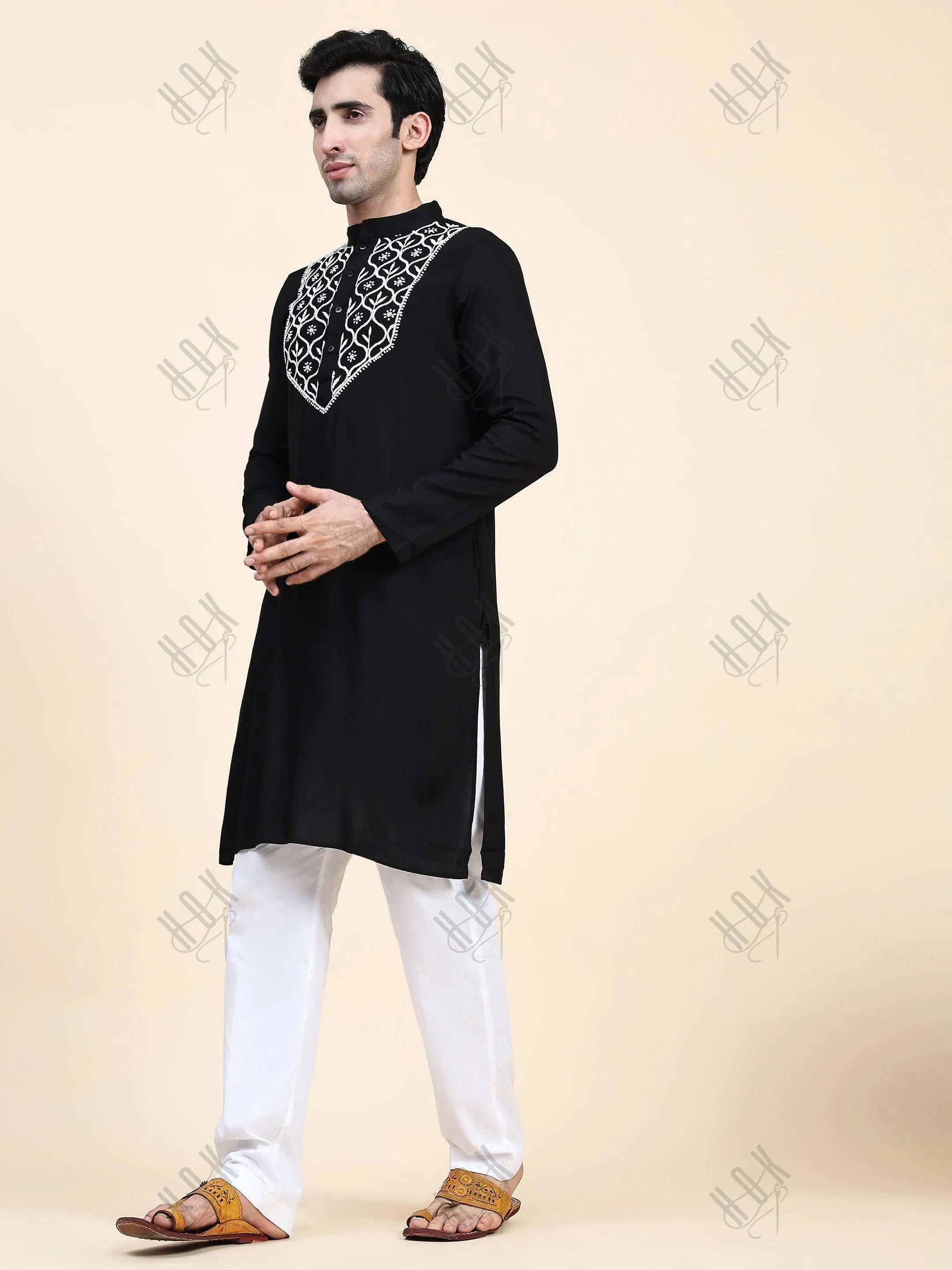 HOK Men's Chikankari Kurta in Rayon Cotton - Black