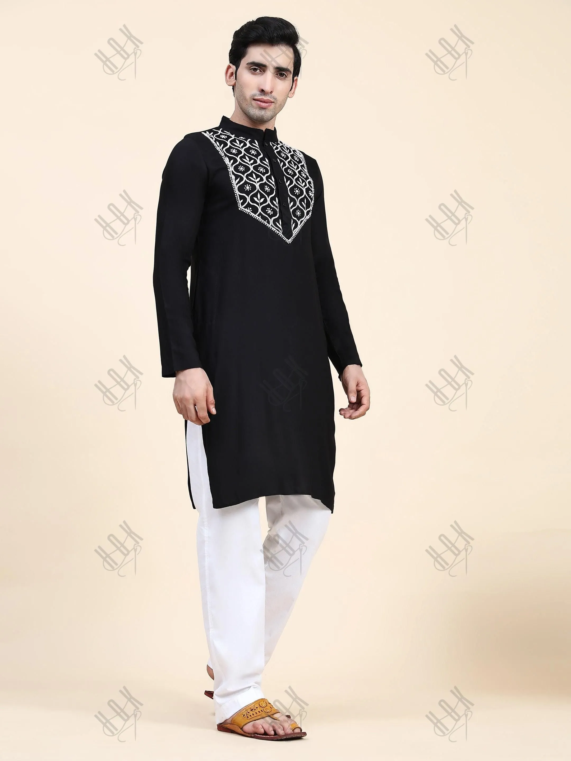 HOK Men's Chikankari Kurta in Rayon Cotton - Black