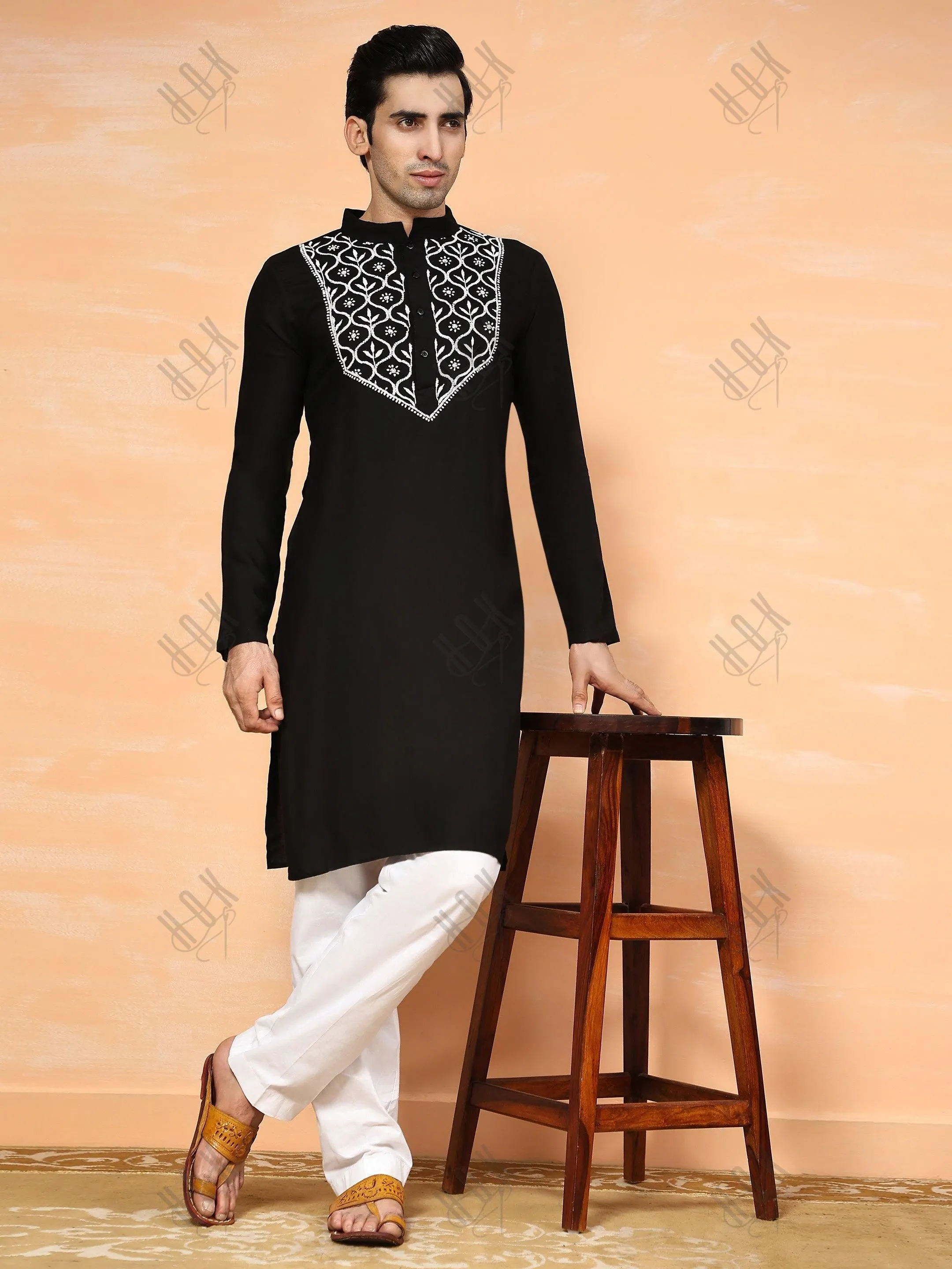 HOK Men's Chikankari Kurta in Rayon Cotton - Black