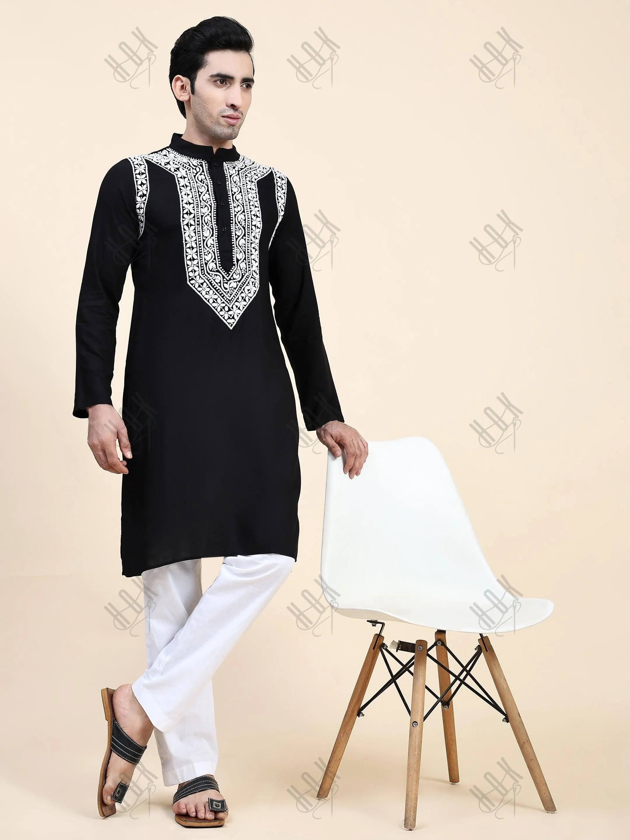 HOK Men's Chikankari Kurta in Rayon Cotton - Black