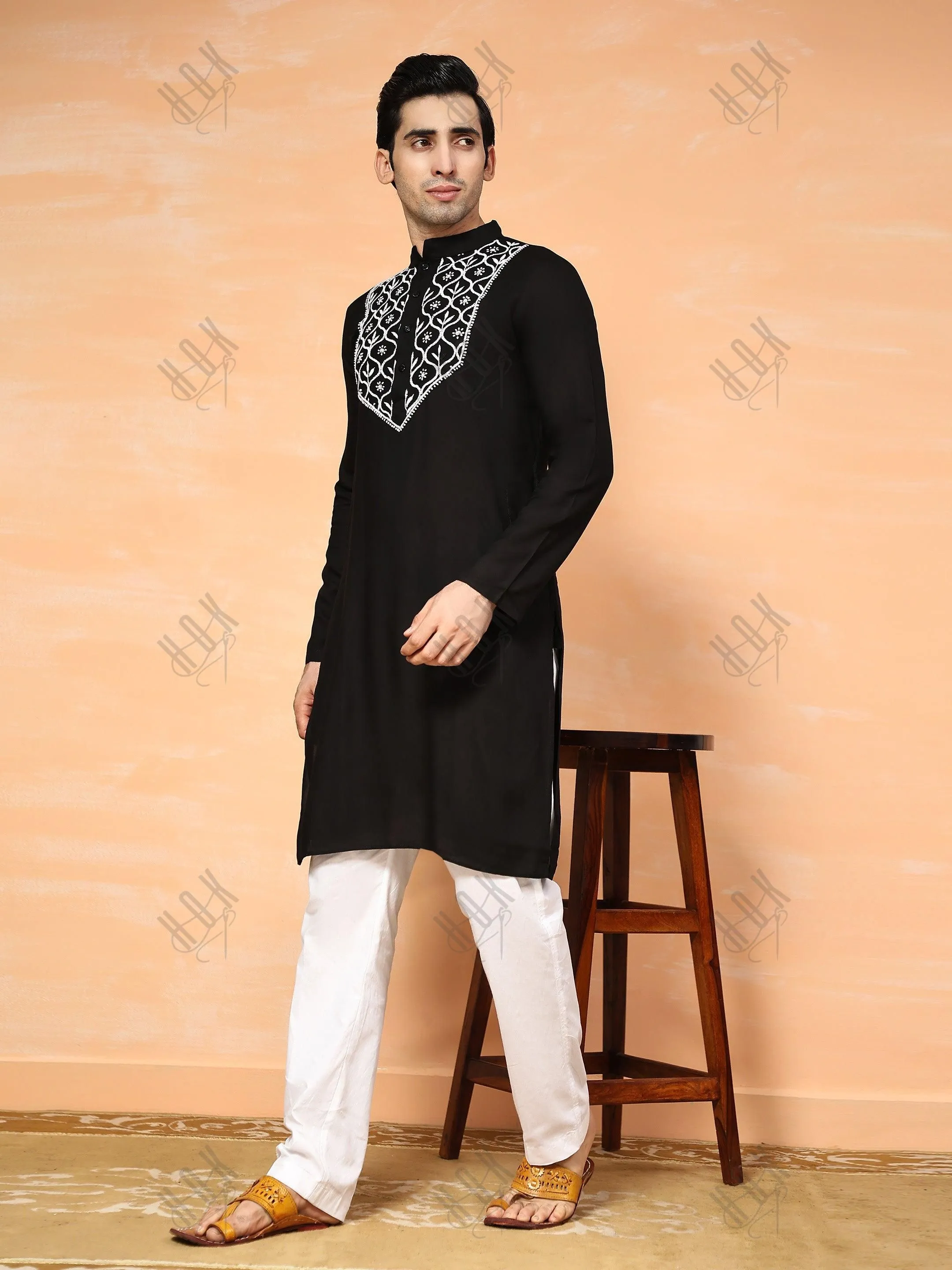 HOK Men's Chikankari Kurta in Rayon Cotton - Black