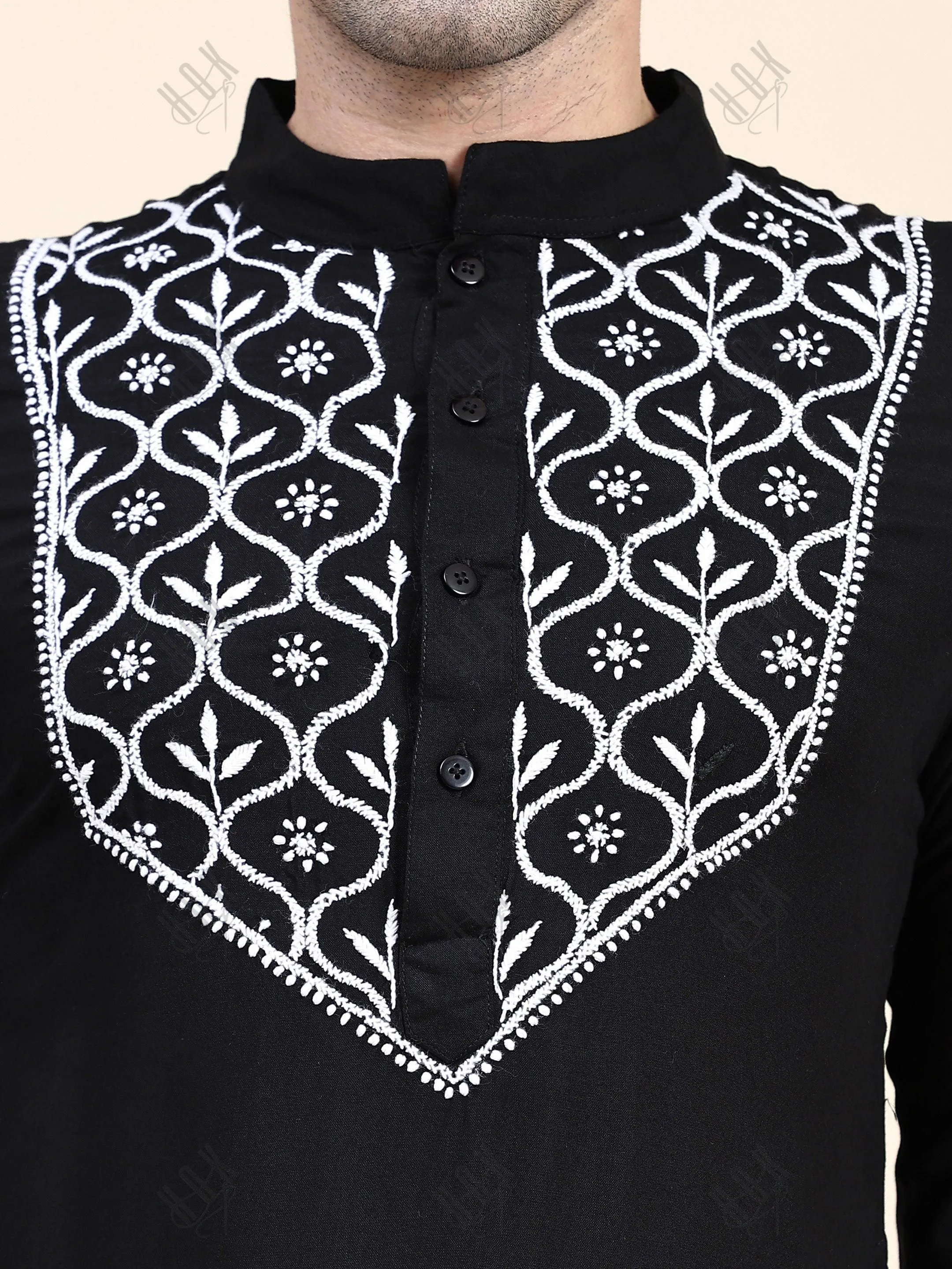 HOK Men's Chikankari Kurta in Rayon Cotton - Black