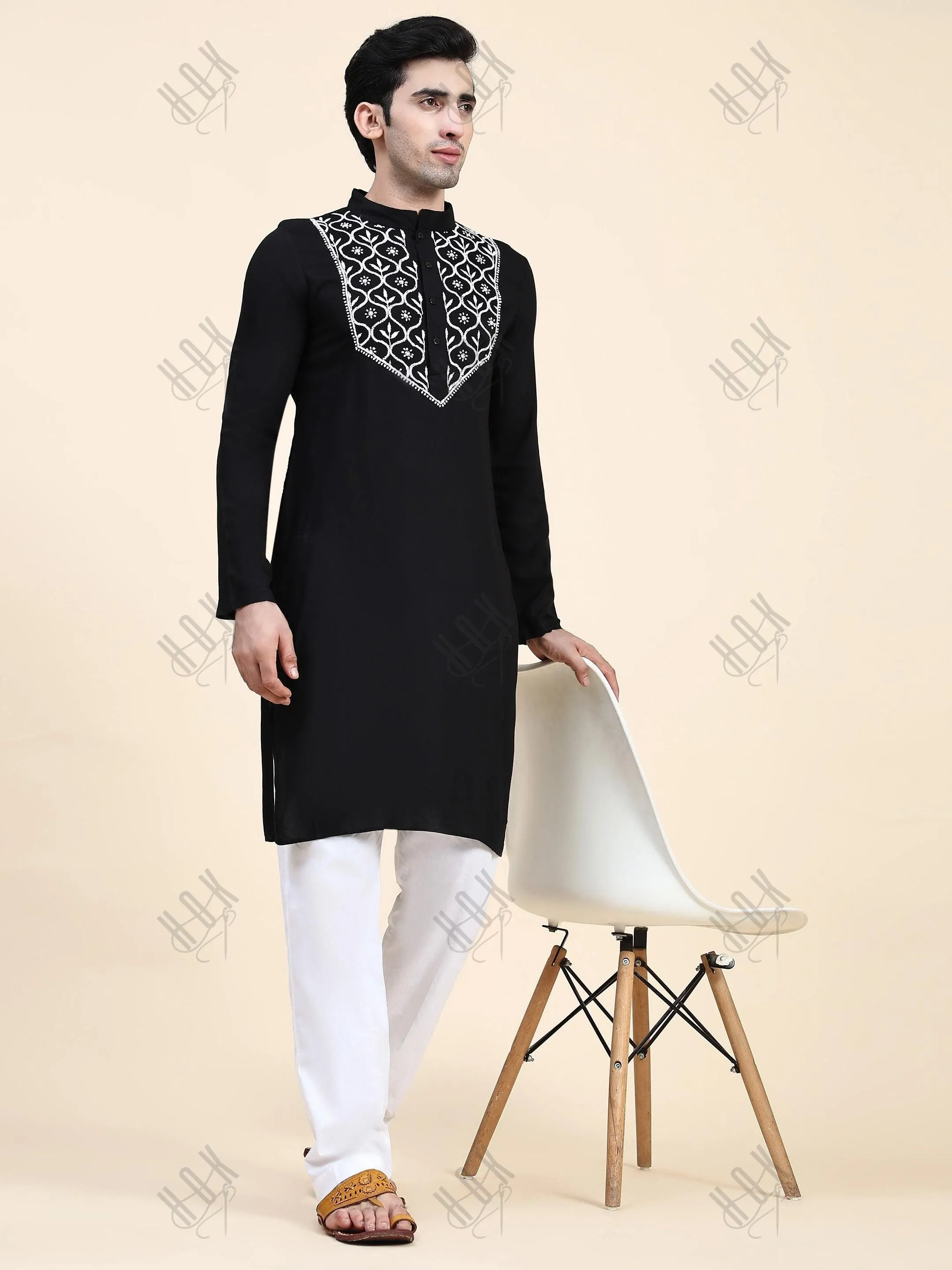 HOK Men's Chikankari Kurta in Rayon Cotton - Black