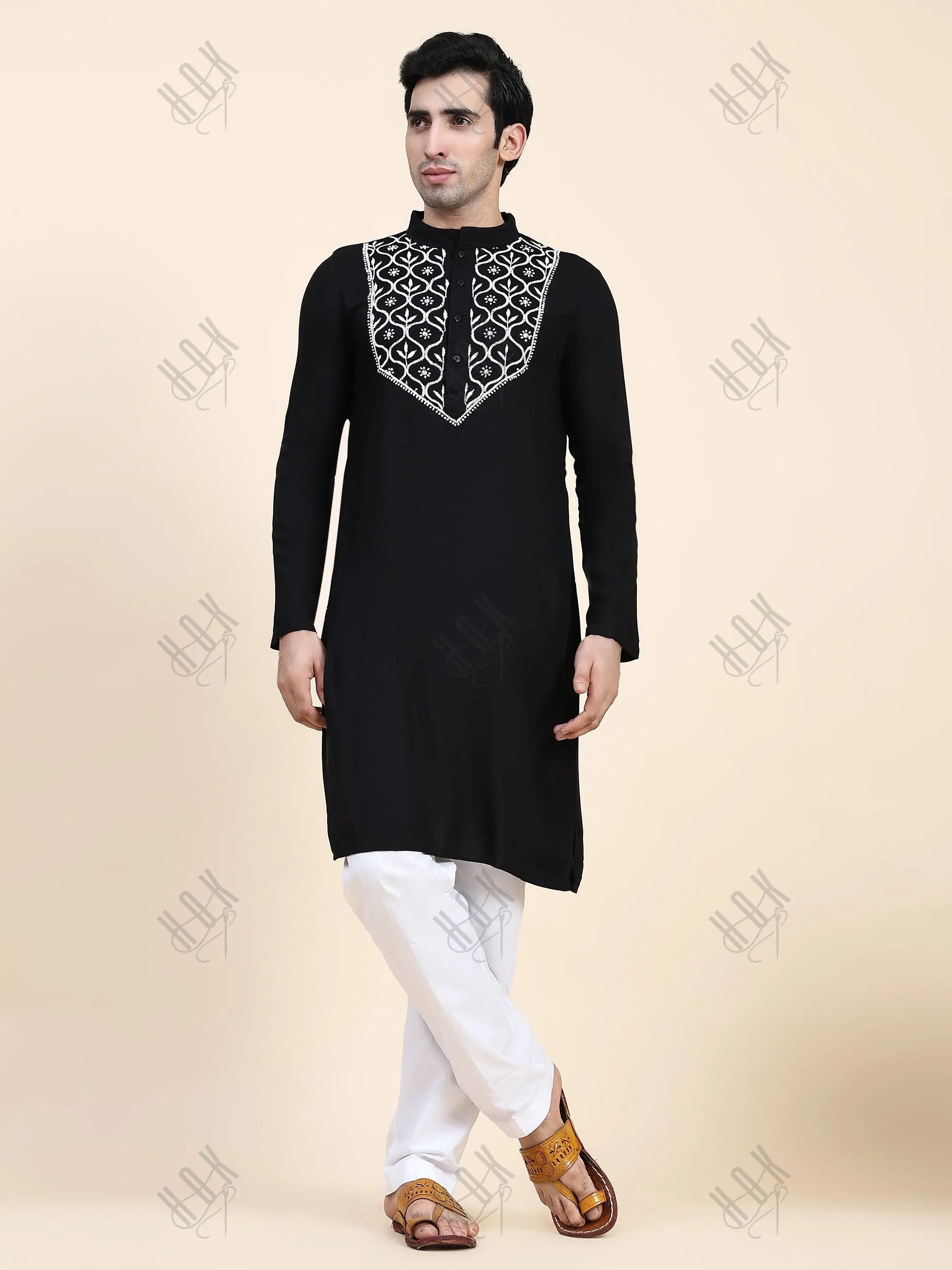 HOK Men's Chikankari Kurta in Rayon Cotton - Black