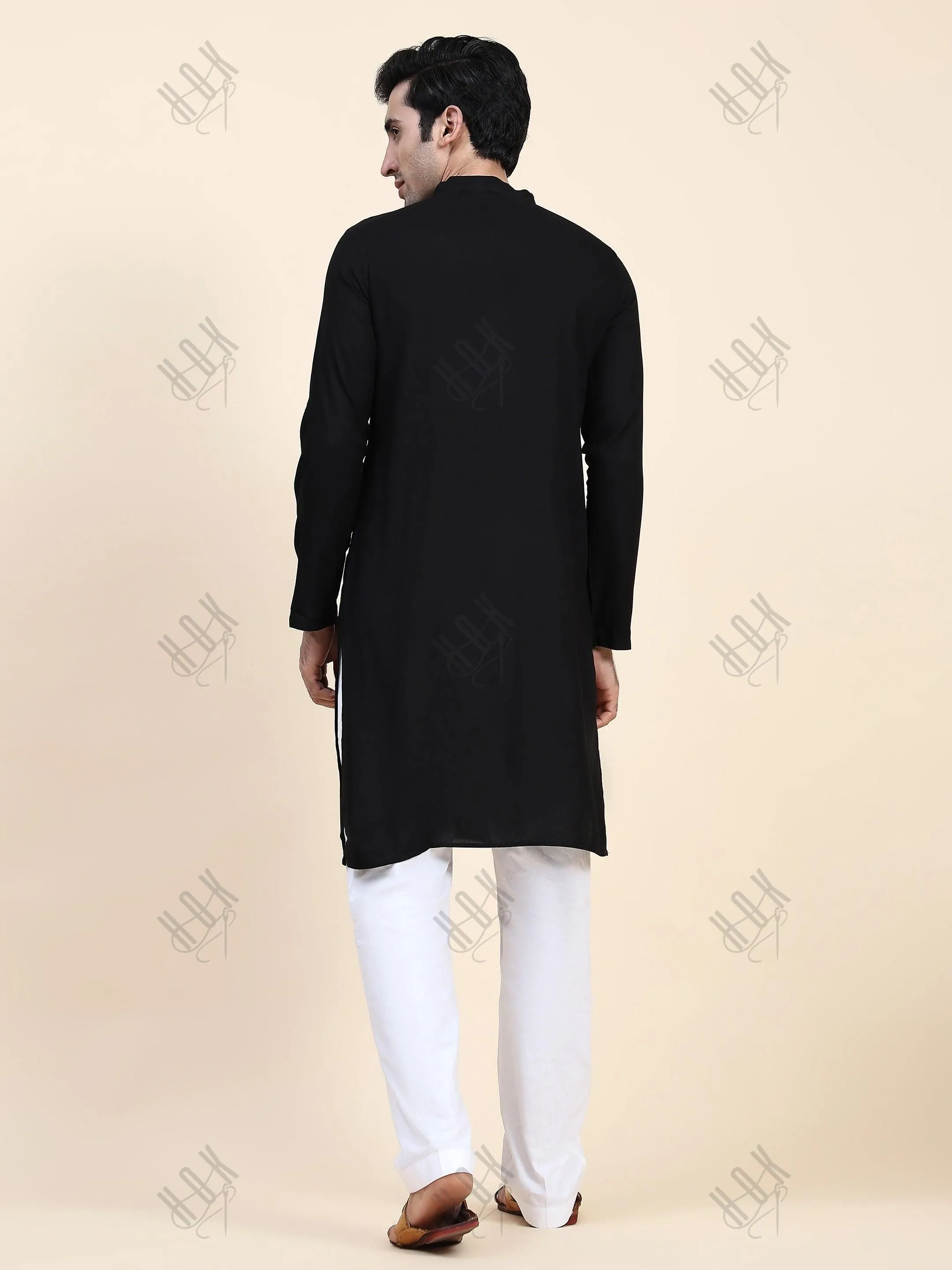 HOK Men's Chikankari Kurta in Rayon Cotton - Black