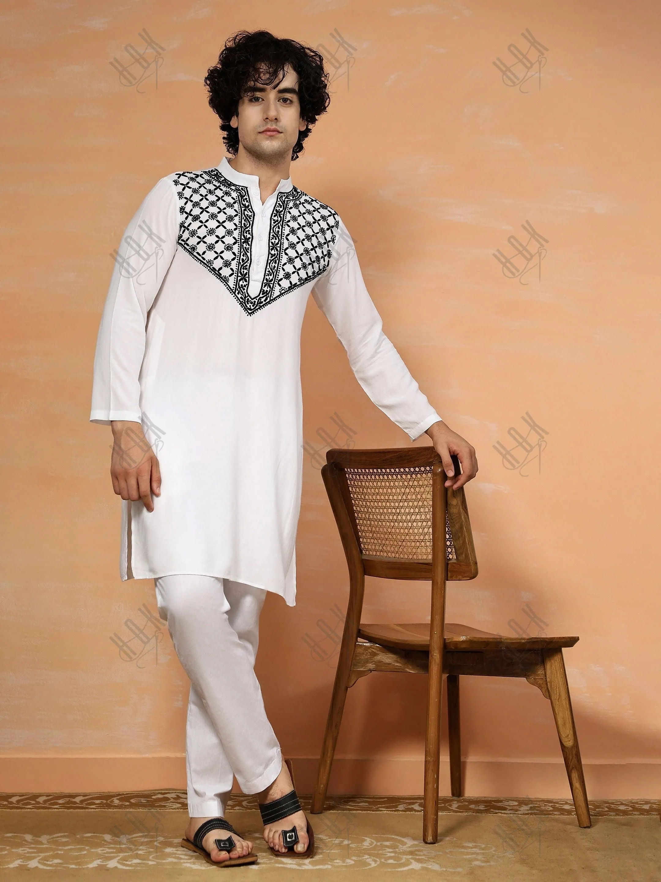 HOK Men's Chikankari Kurta in Rayon Cotton - White