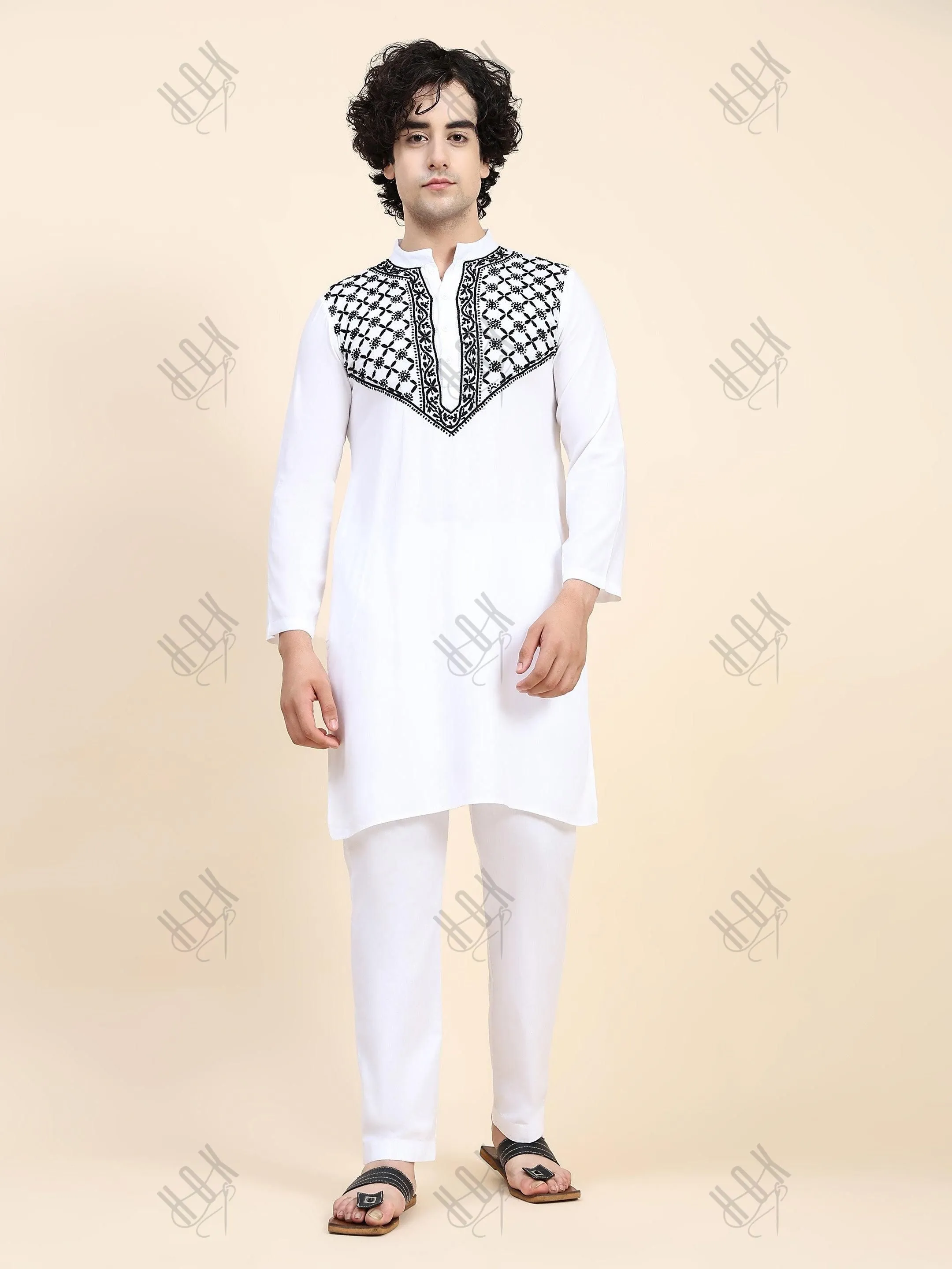 HOK Men's Chikankari Kurta in Rayon Cotton - White