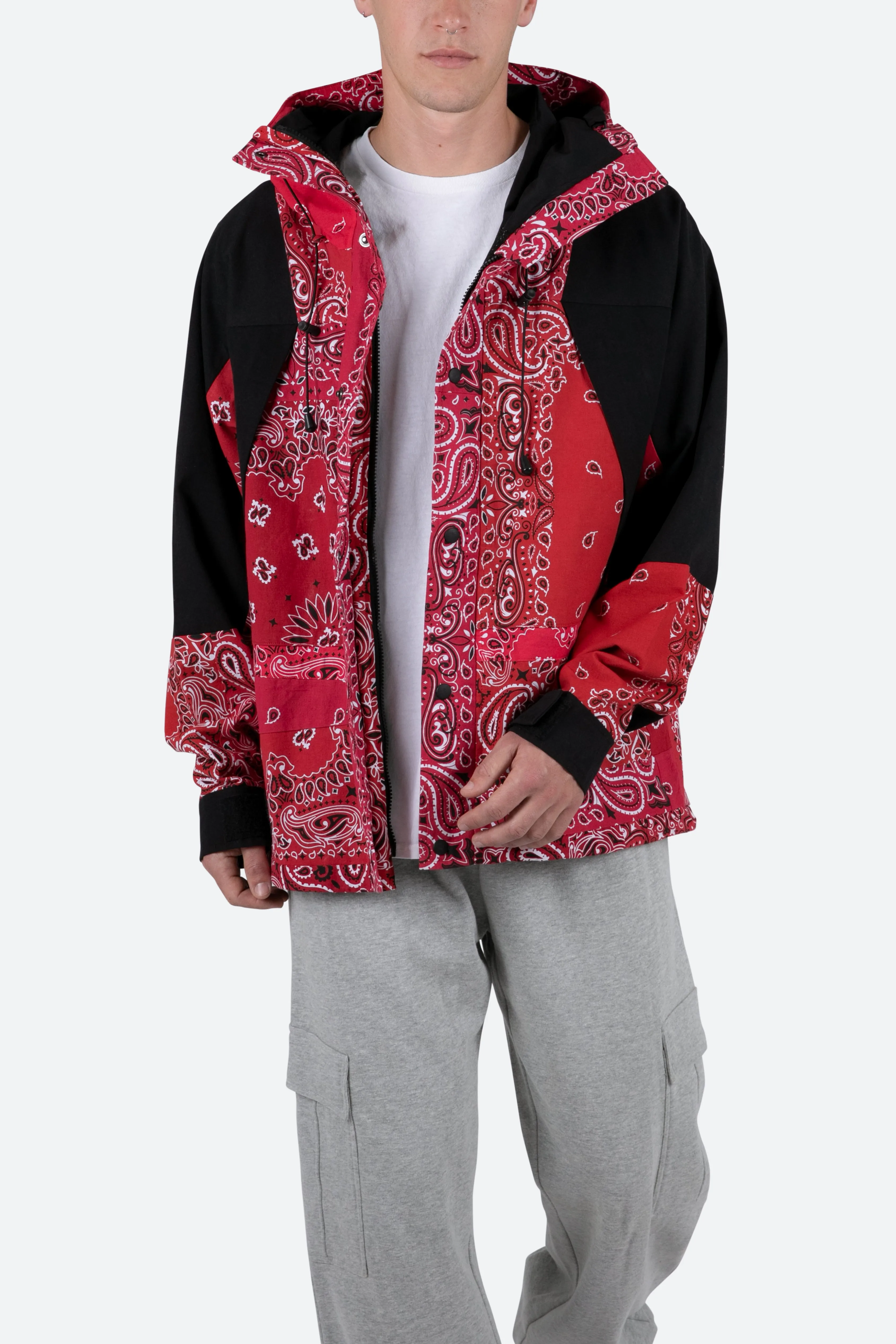 Red Hooded Jacket with Bandana Print Design