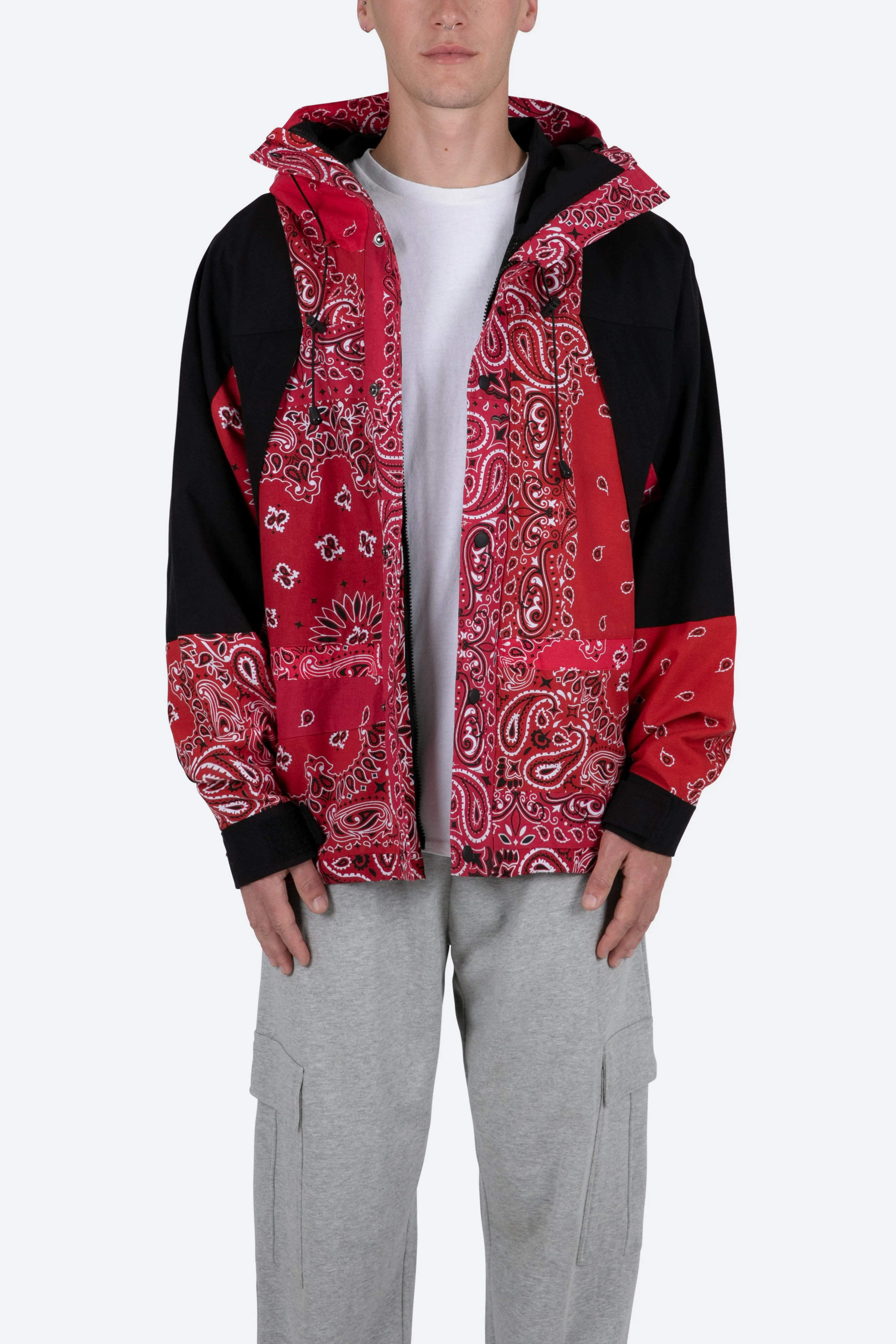 Red Hooded Jacket with Bandana Print Design