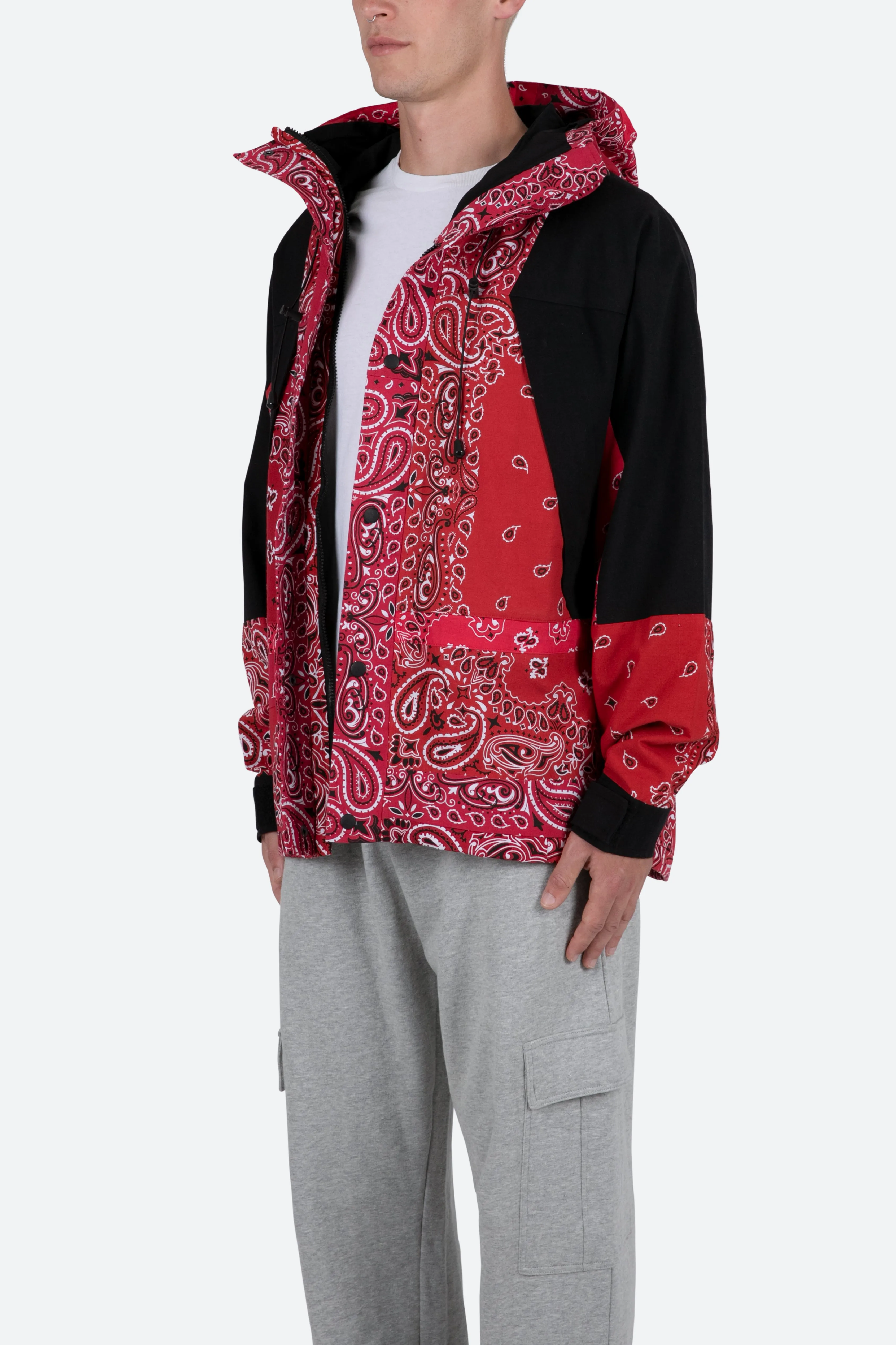 Red Hooded Jacket with Bandana Print Design