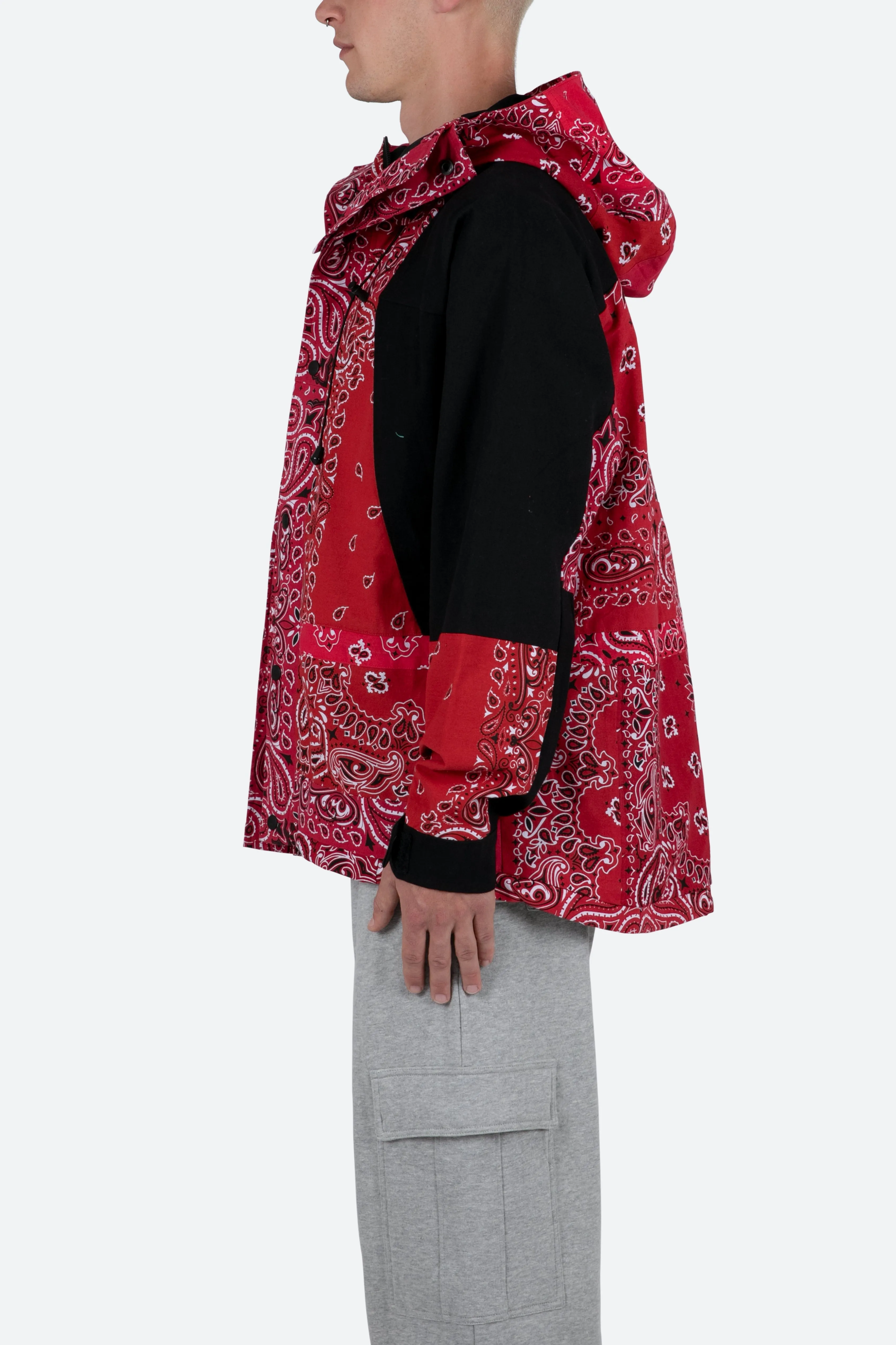 Red Hooded Jacket with Bandana Print Design