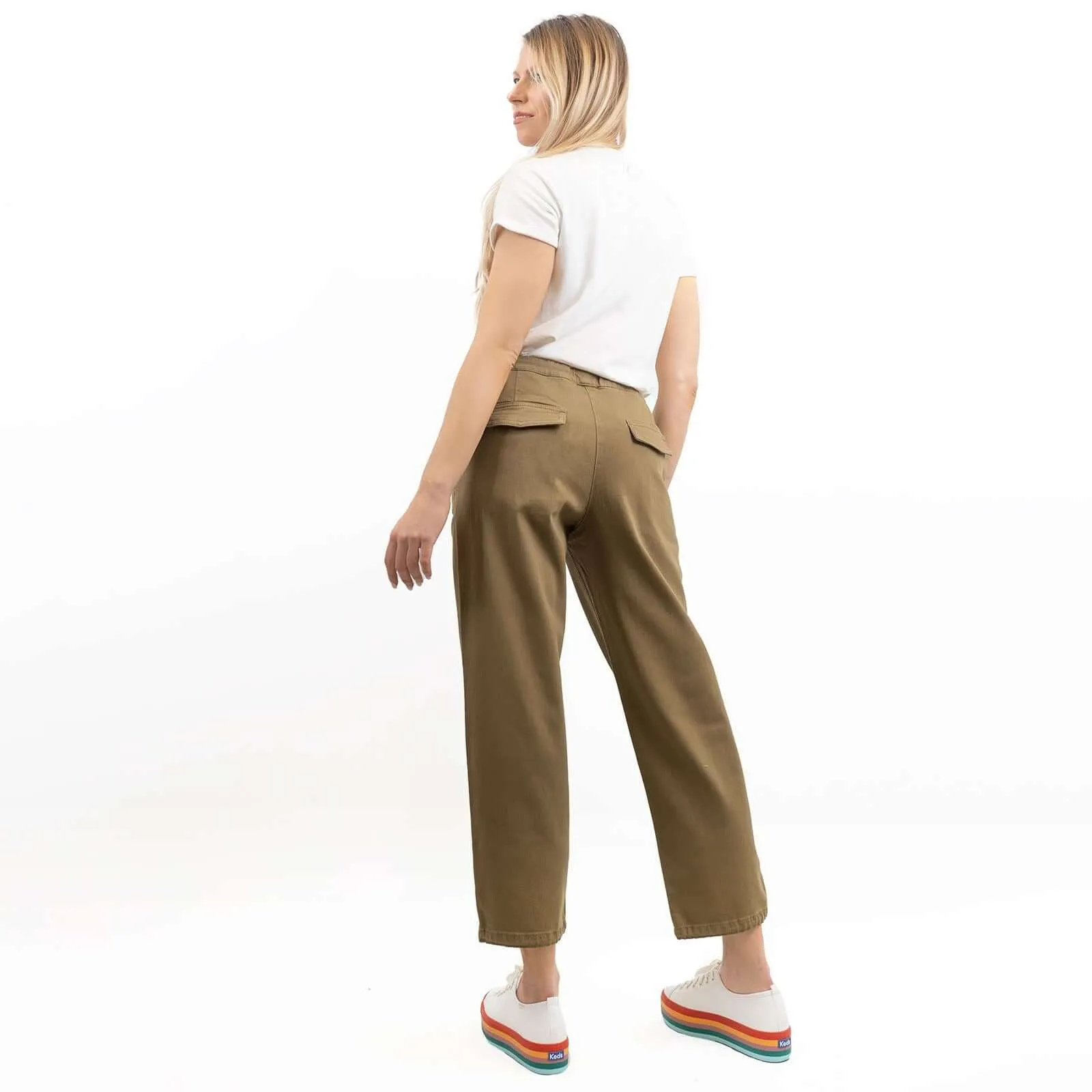 Hush Washed Khaki Green Crop Wide Leg Stretch Trousers with Pockets