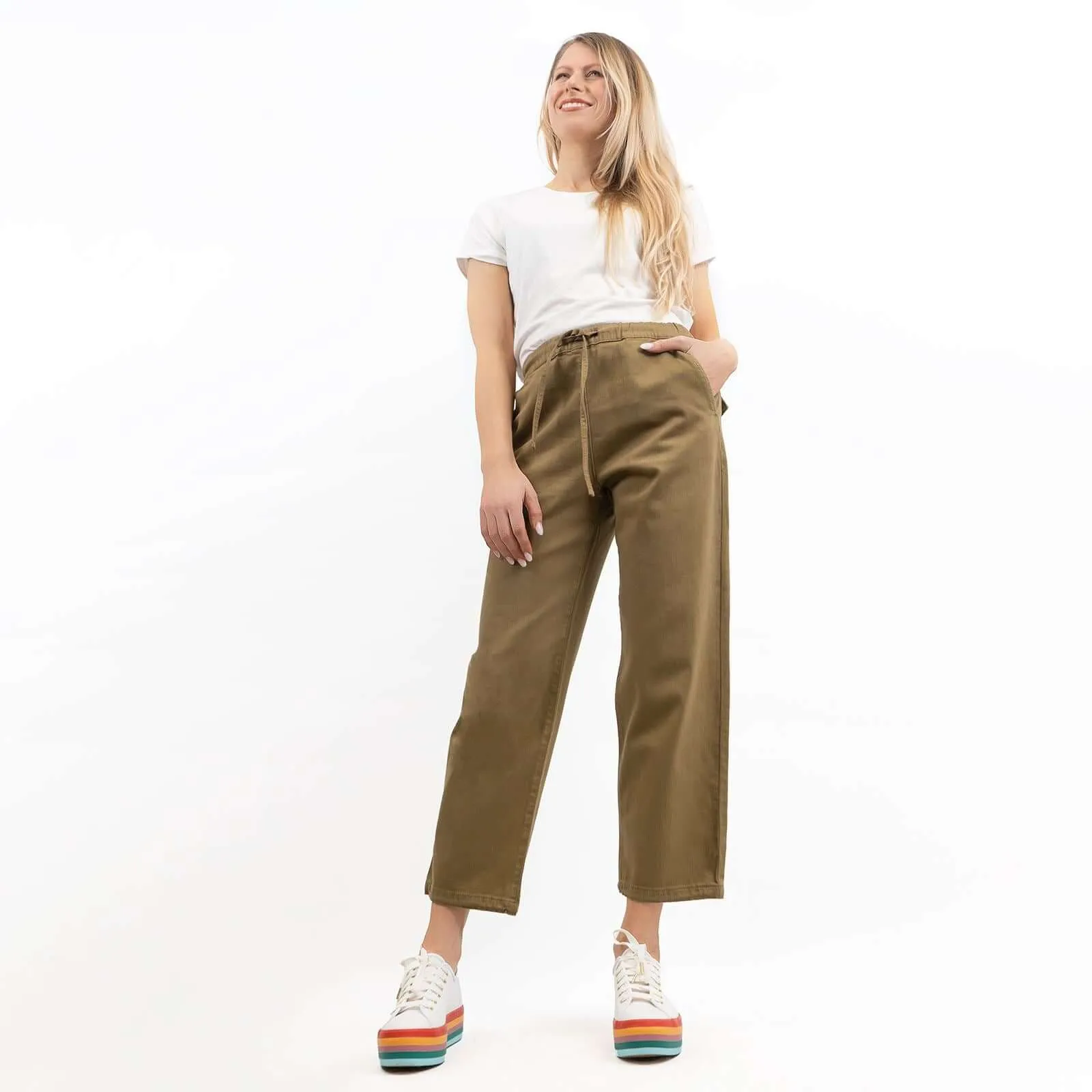 Hush Washed Khaki Green Crop Wide Leg Stretch Trousers with Pockets