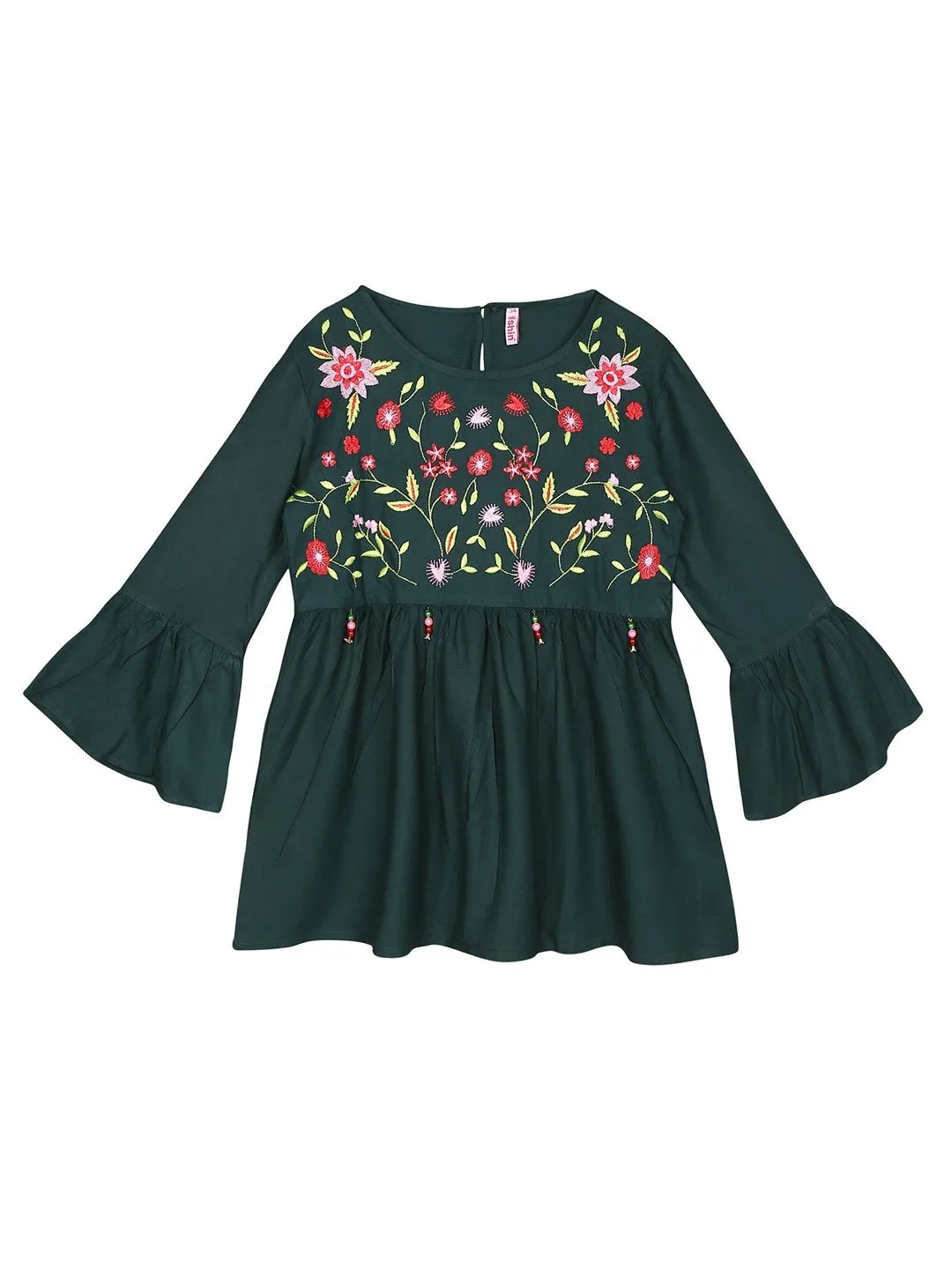 Ishin Girls Viscose Rayon Green Embroidered Top