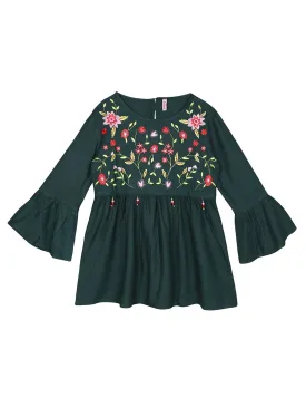 Ishin Girls Viscose Rayon Green Embroidered Top