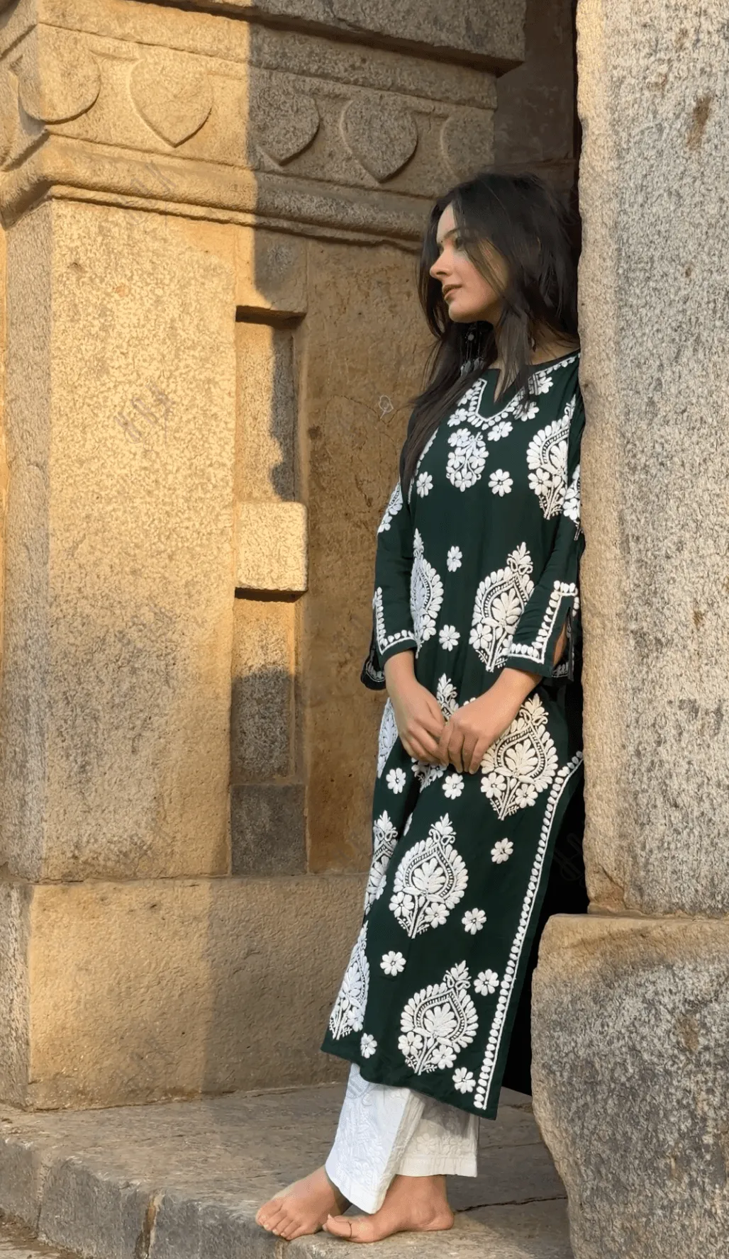 Jhanvi in Fizaa Chikankari Kurta in Rayon Cotton Notch Neck Sea Green