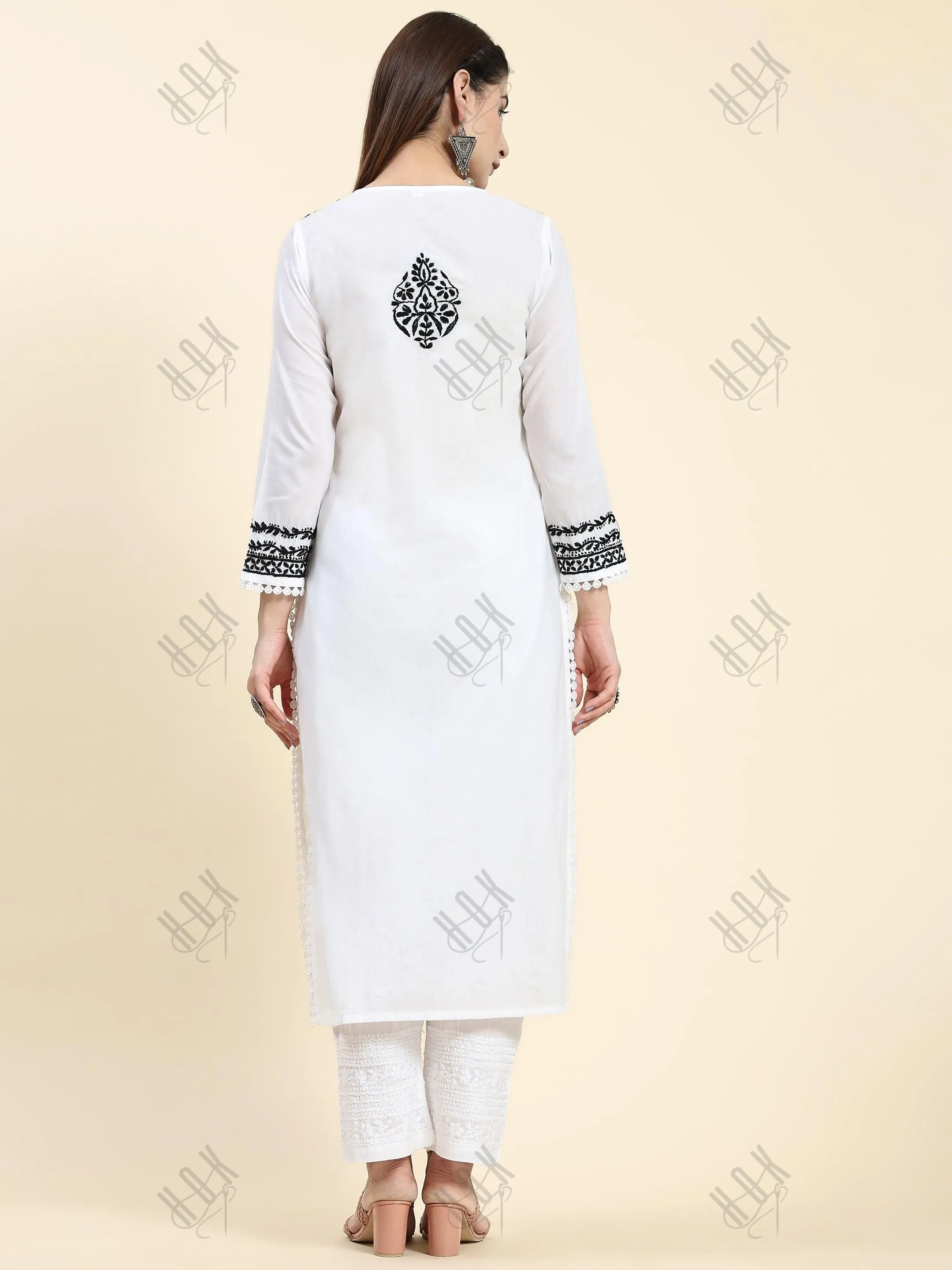 Jiya in HOK Chikankari Long Kurti In Reyon Cotton for Women- White With Black