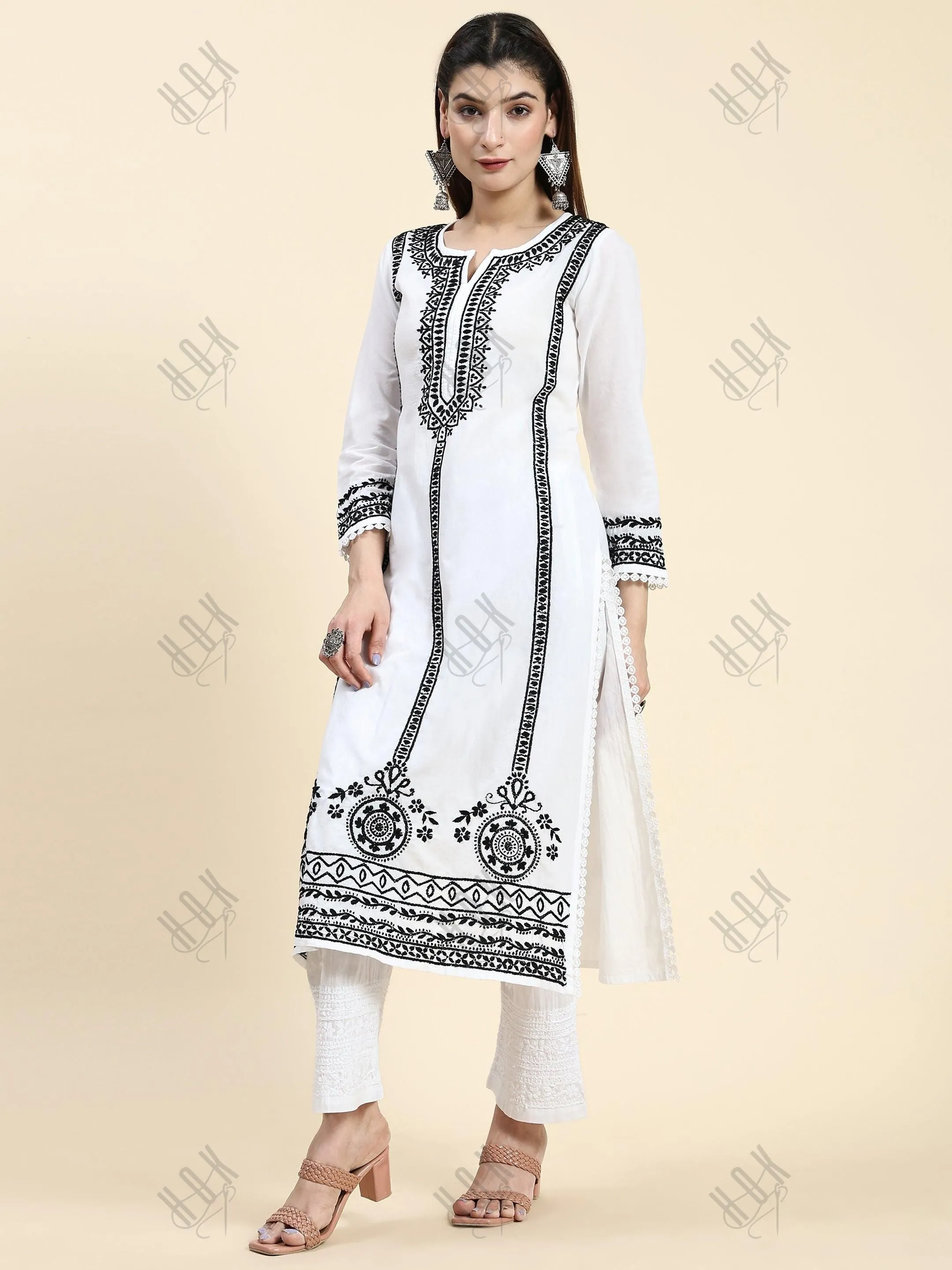 Jiya in HOK Chikankari Long Kurti In Reyon Cotton for Women- White With Black