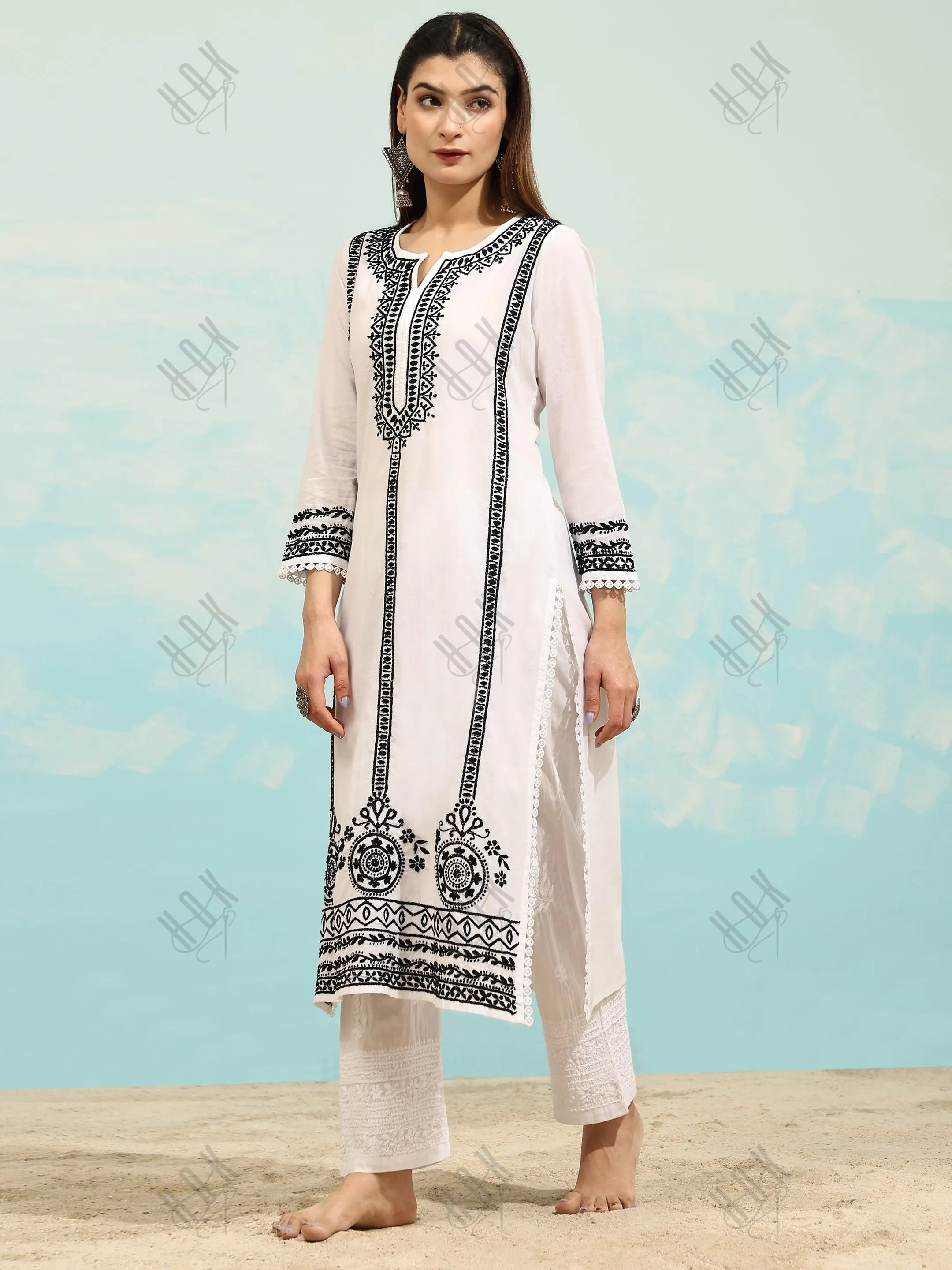 Jiya in HOK Chikankari Long Kurti In Reyon Cotton for Women- White With Black