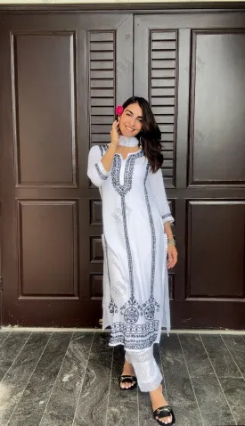 Jiya in HOK Chikankari Long Kurti In Reyon Cotton for Women- White With Black