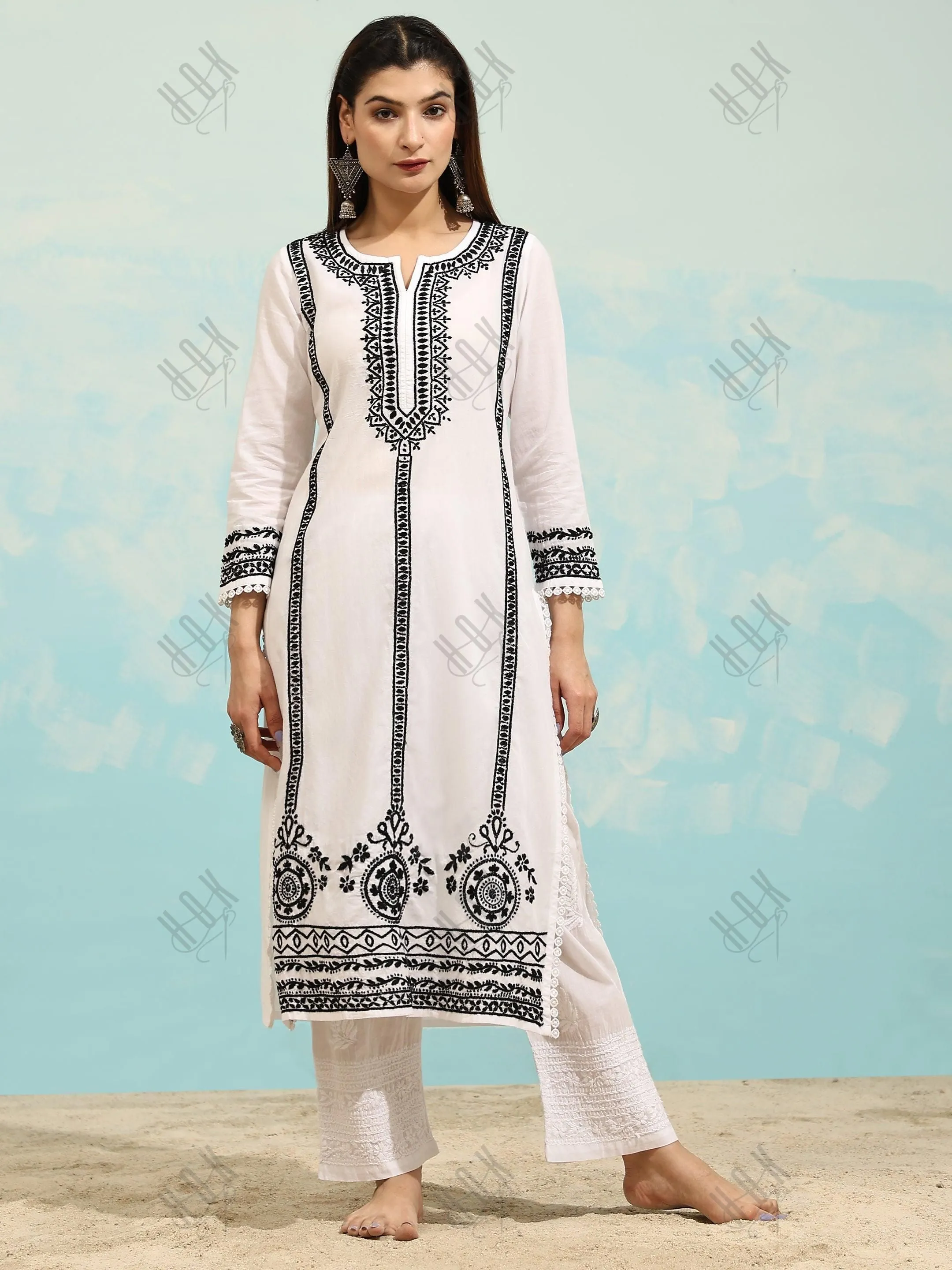 Jiya in HOK Chikankari Long Kurti In Reyon Cotton for Women- White With Black