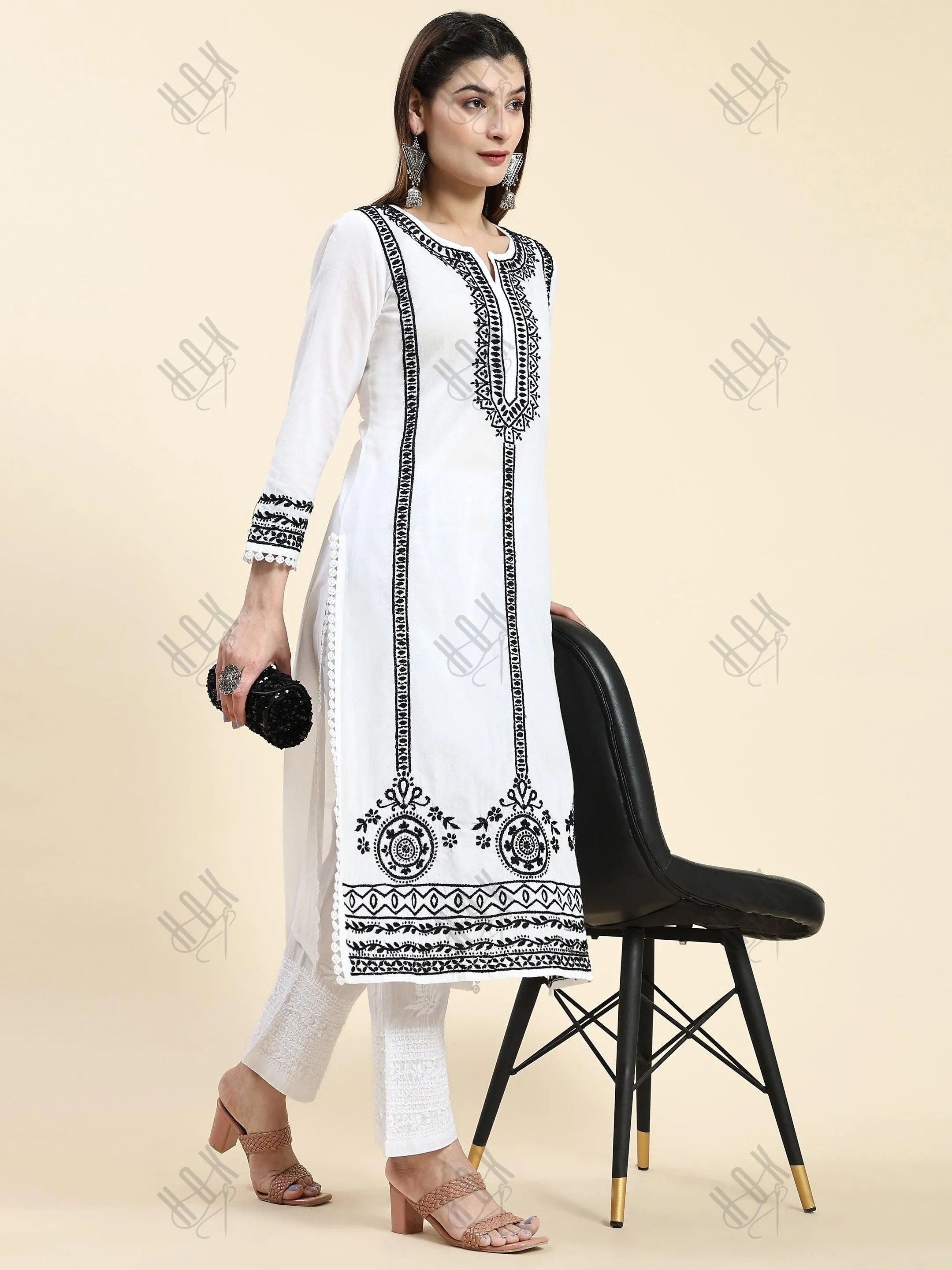 Jiya in HOK Chikankari Long Kurti In Reyon Cotton for Women- White With Black