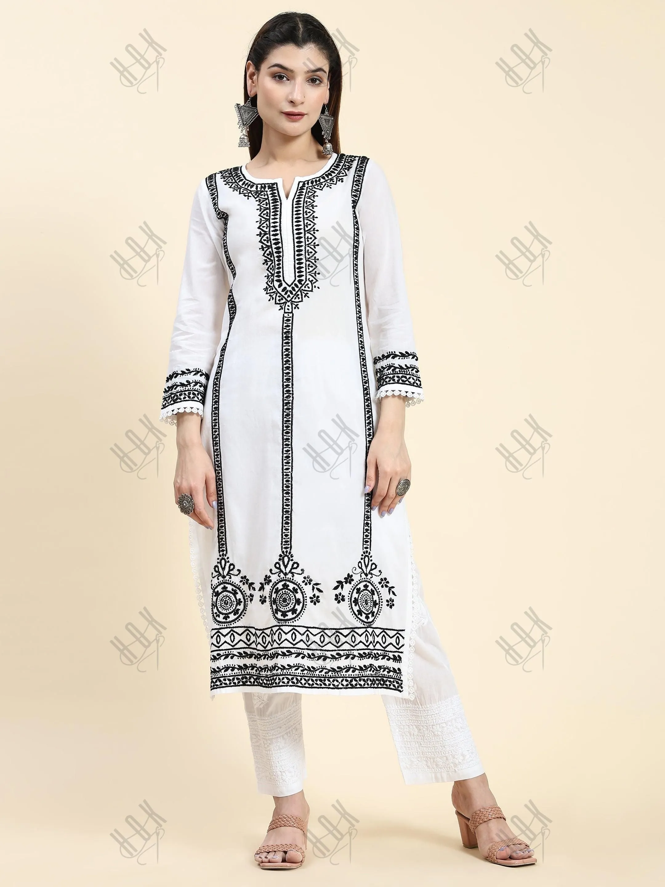 Jiya in HOK Chikankari Long Kurti In Reyon Cotton for Women- White With Black