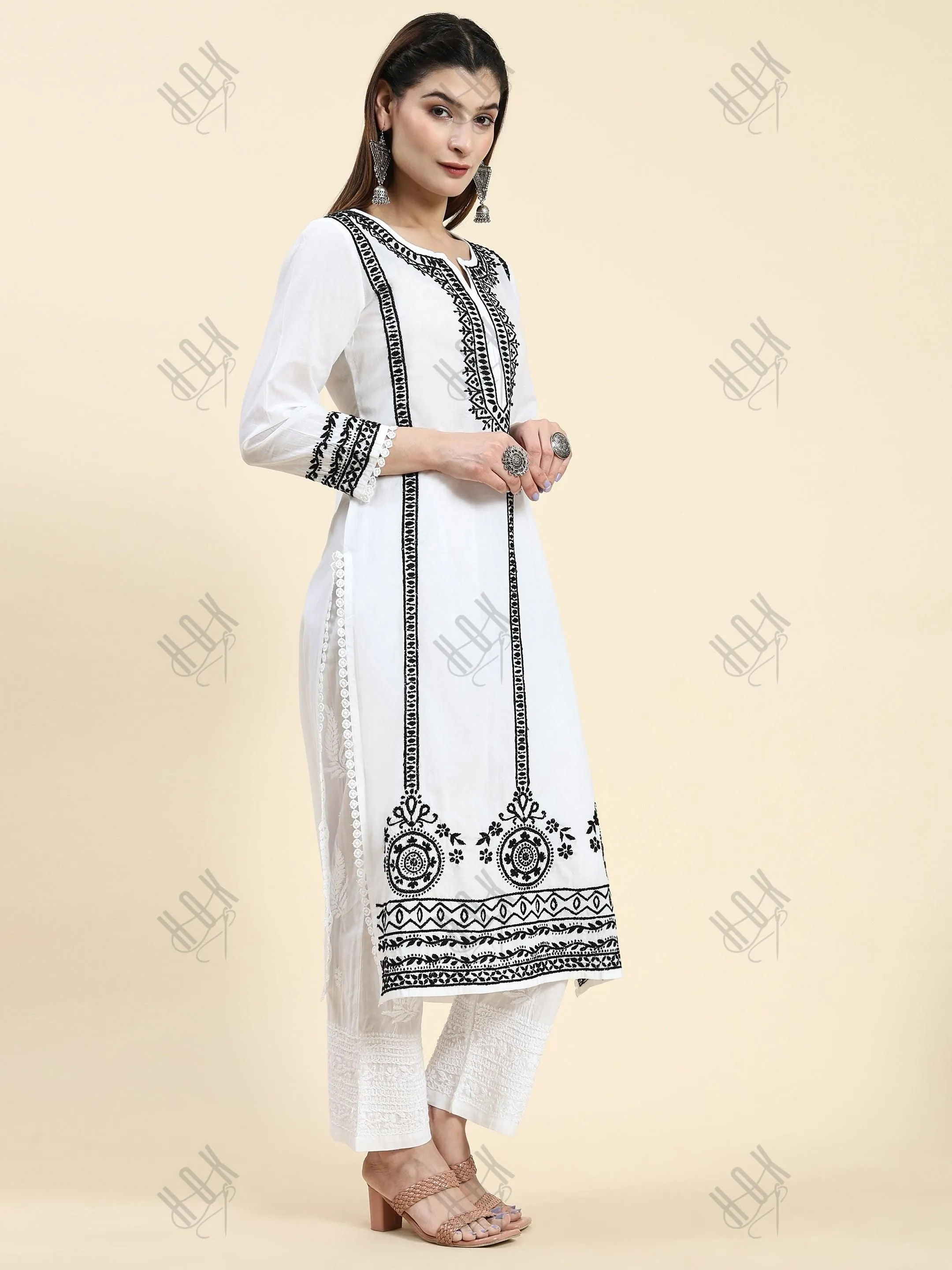 Jiya in HOK Chikankari Long Kurti In Reyon Cotton for Women- White With Black