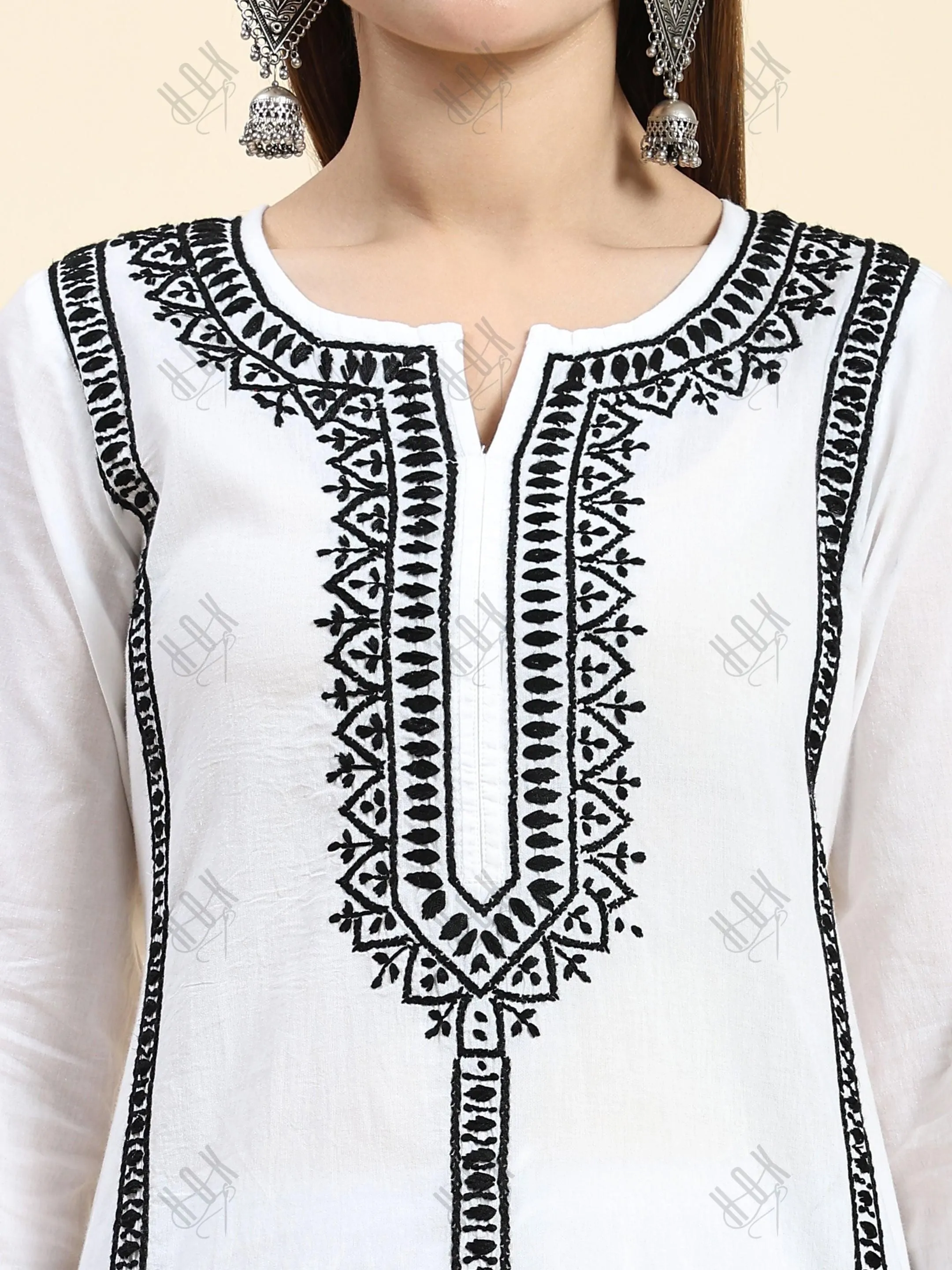 Jiya in HOK Chikankari Long Kurti In Reyon Cotton for Women- White With Black