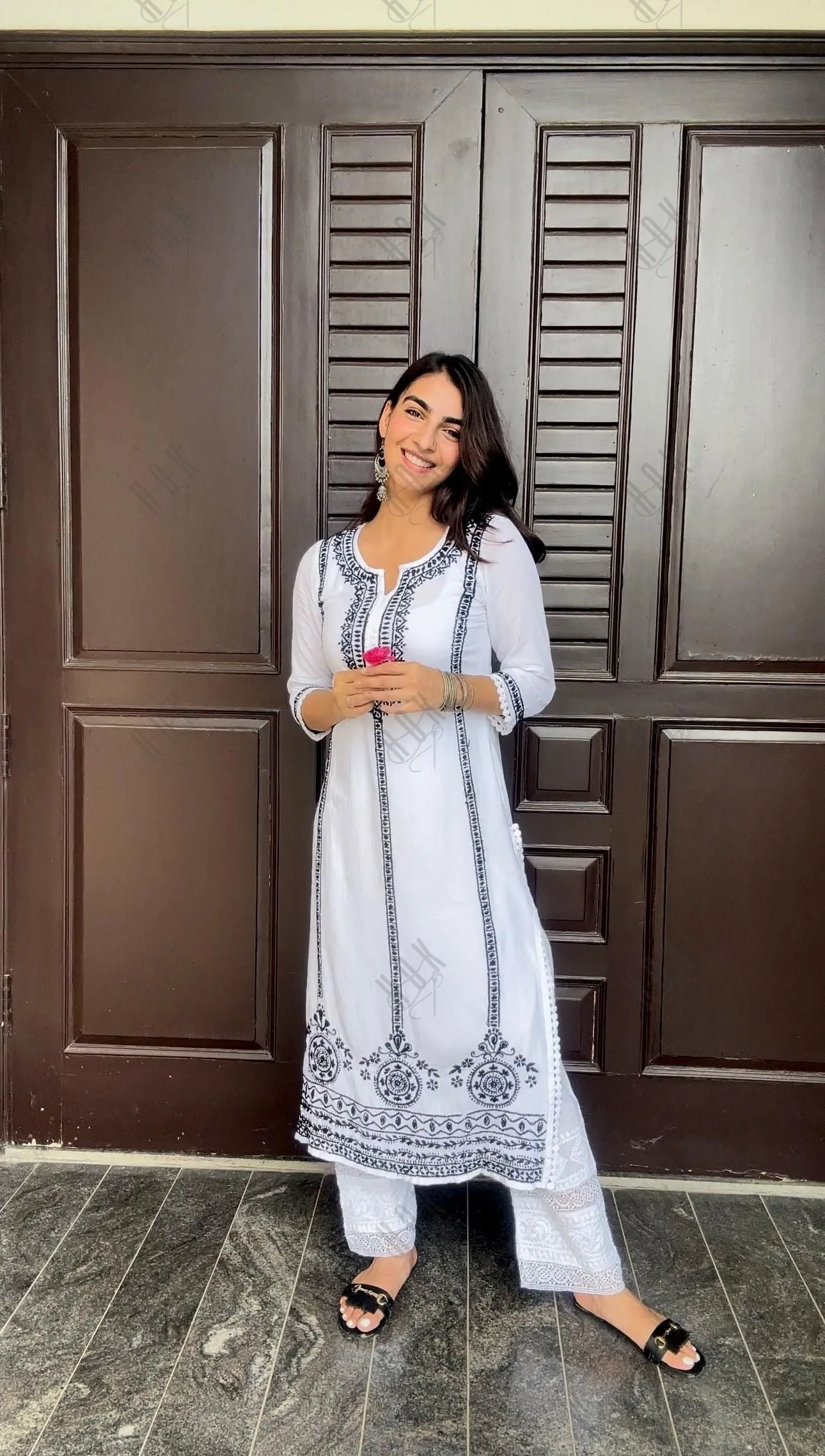 Jiya in HOK Chikankari Long Kurti In Reyon Cotton for Women- White With Black