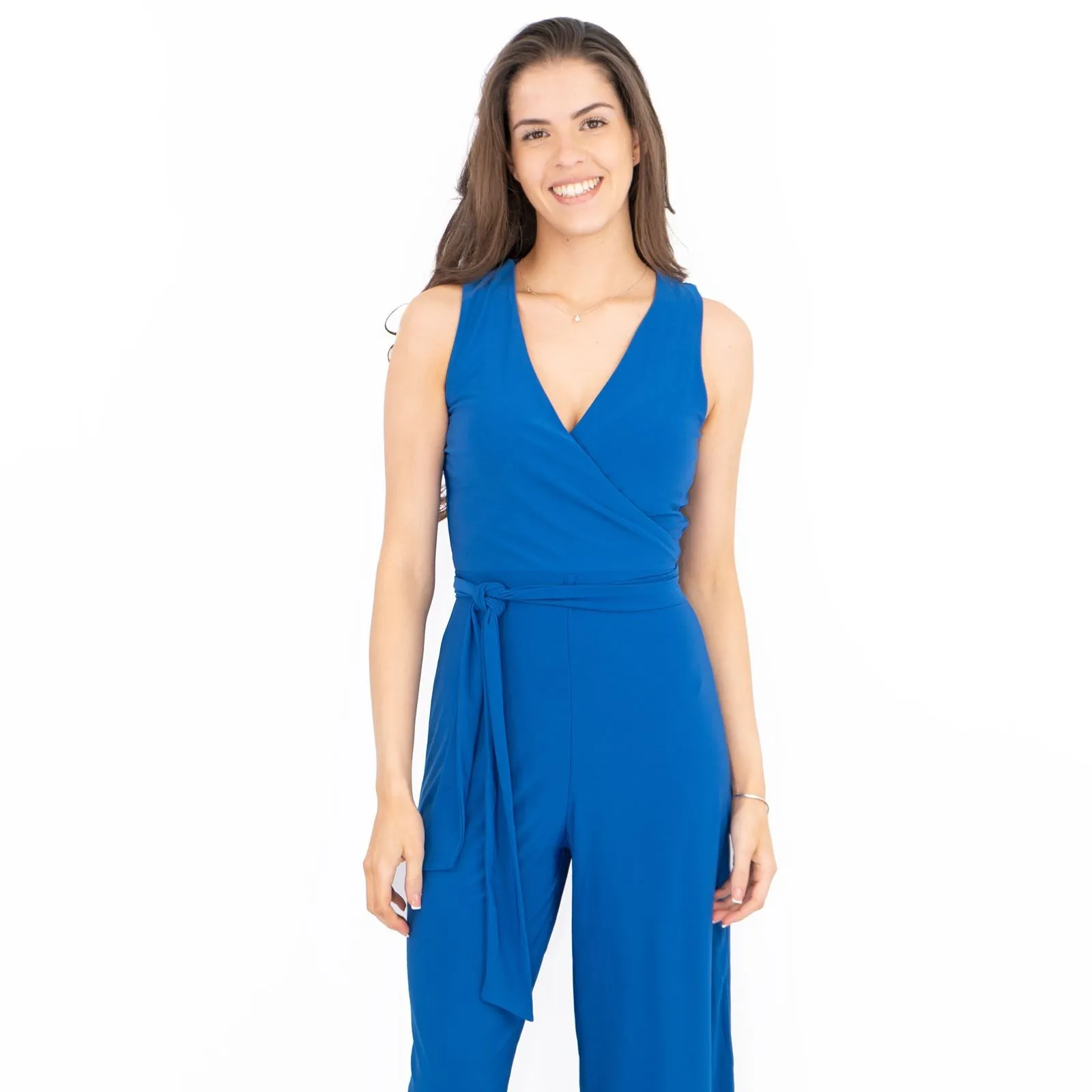 Karen Millen Blue Belted Jersey Crop Wide Leg Sleeveless Jumpsuits