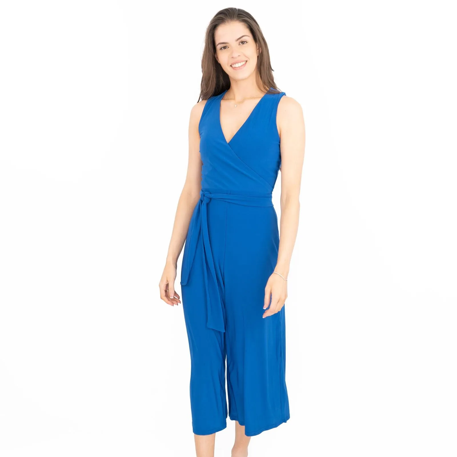 Karen Millen Blue Belted Jersey Crop Wide Leg Sleeveless Jumpsuits