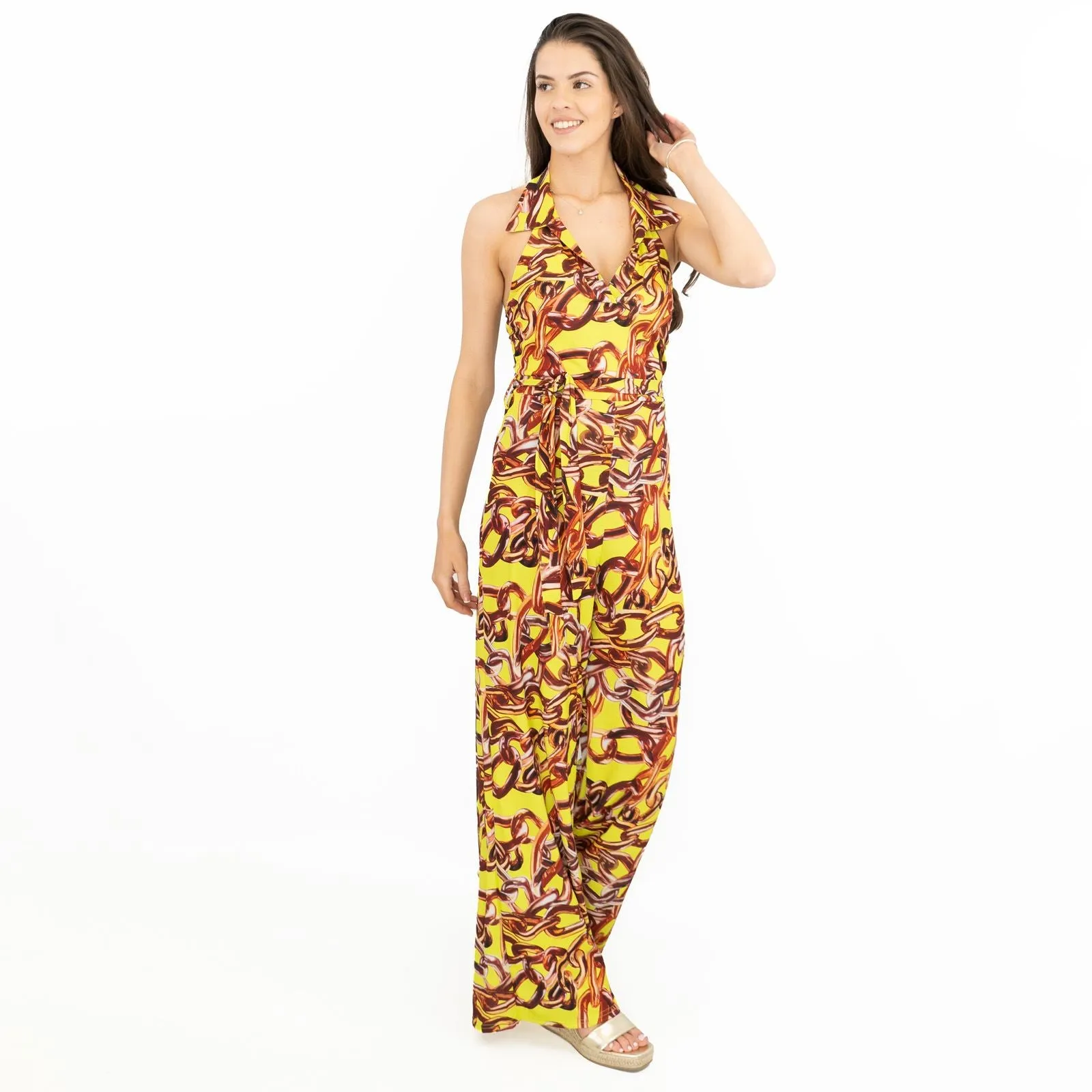 Karen Millen Yellow Gold Chain Print Sleeveless Wide Leg Stretchy Collared Jumpsuits