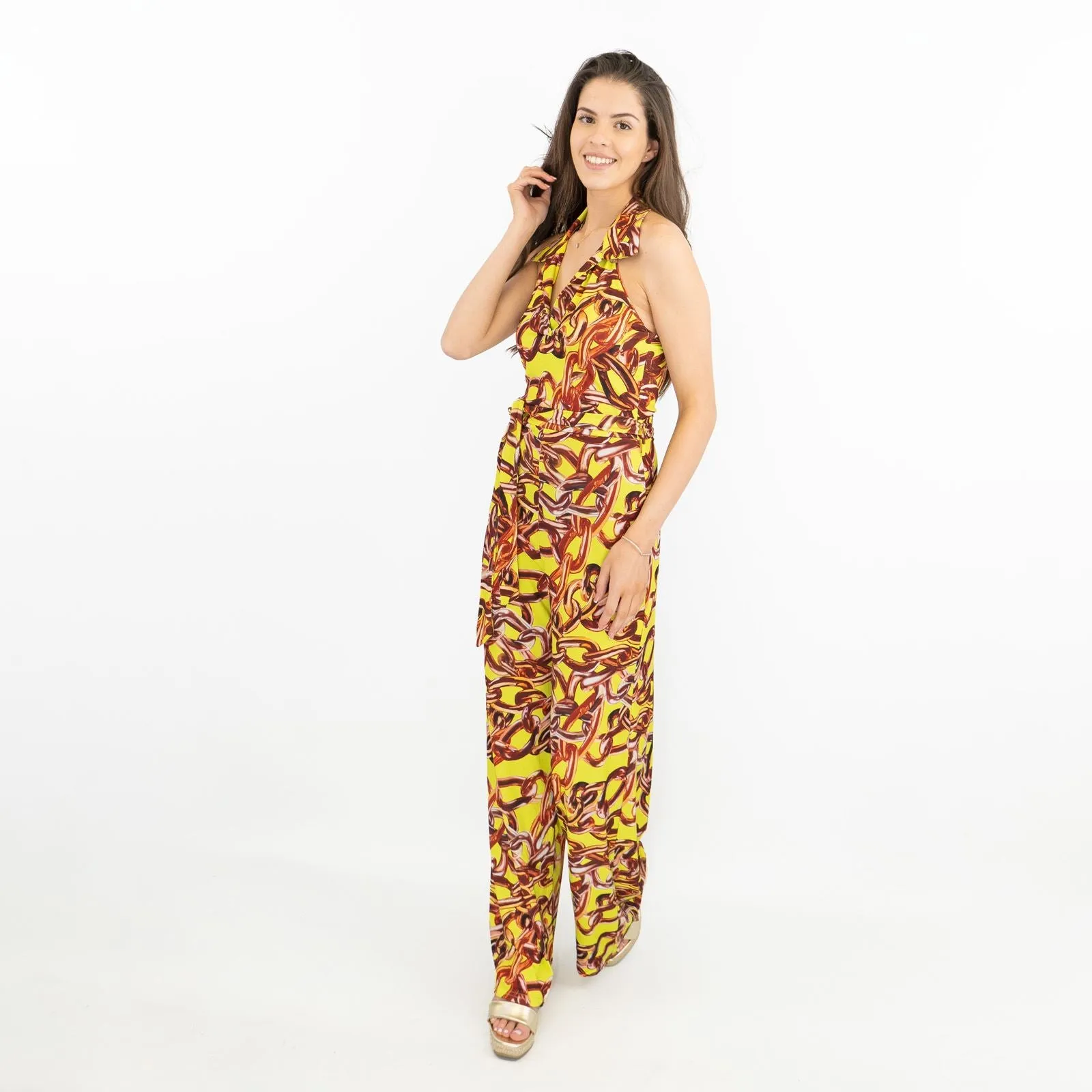 Karen Millen Yellow Gold Chain Print Sleeveless Wide Leg Stretchy Collared Jumpsuits