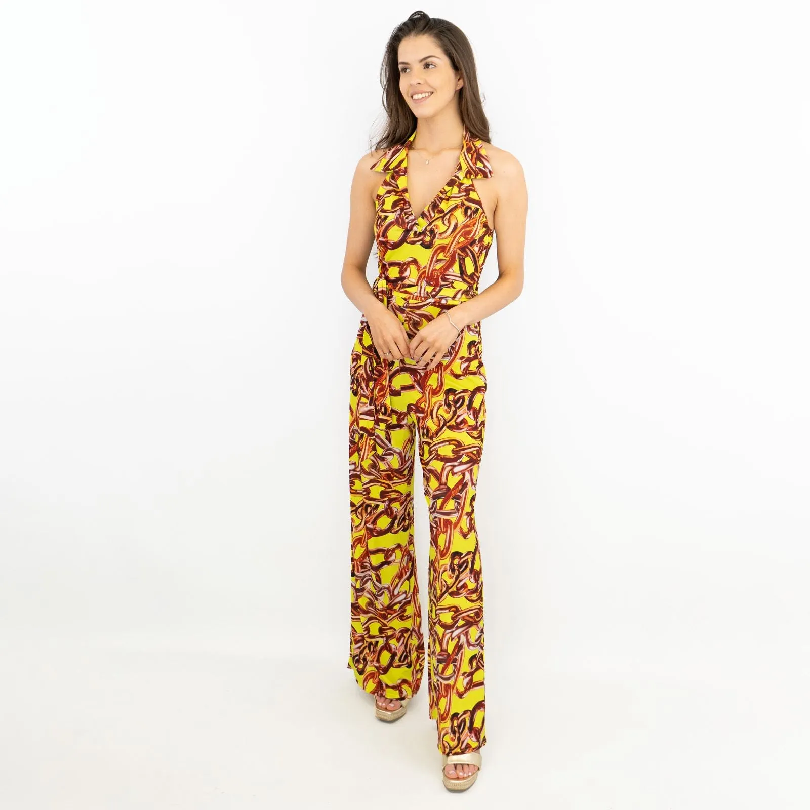 Karen Millen Yellow Gold Chain Print Sleeveless Wide Leg Stretchy Collared Jumpsuits