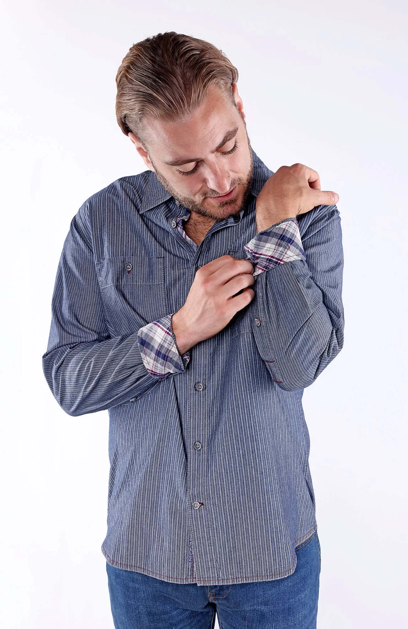 LANGDON | 100% Cotton Indigo Stripe Long Sleeve Shirt