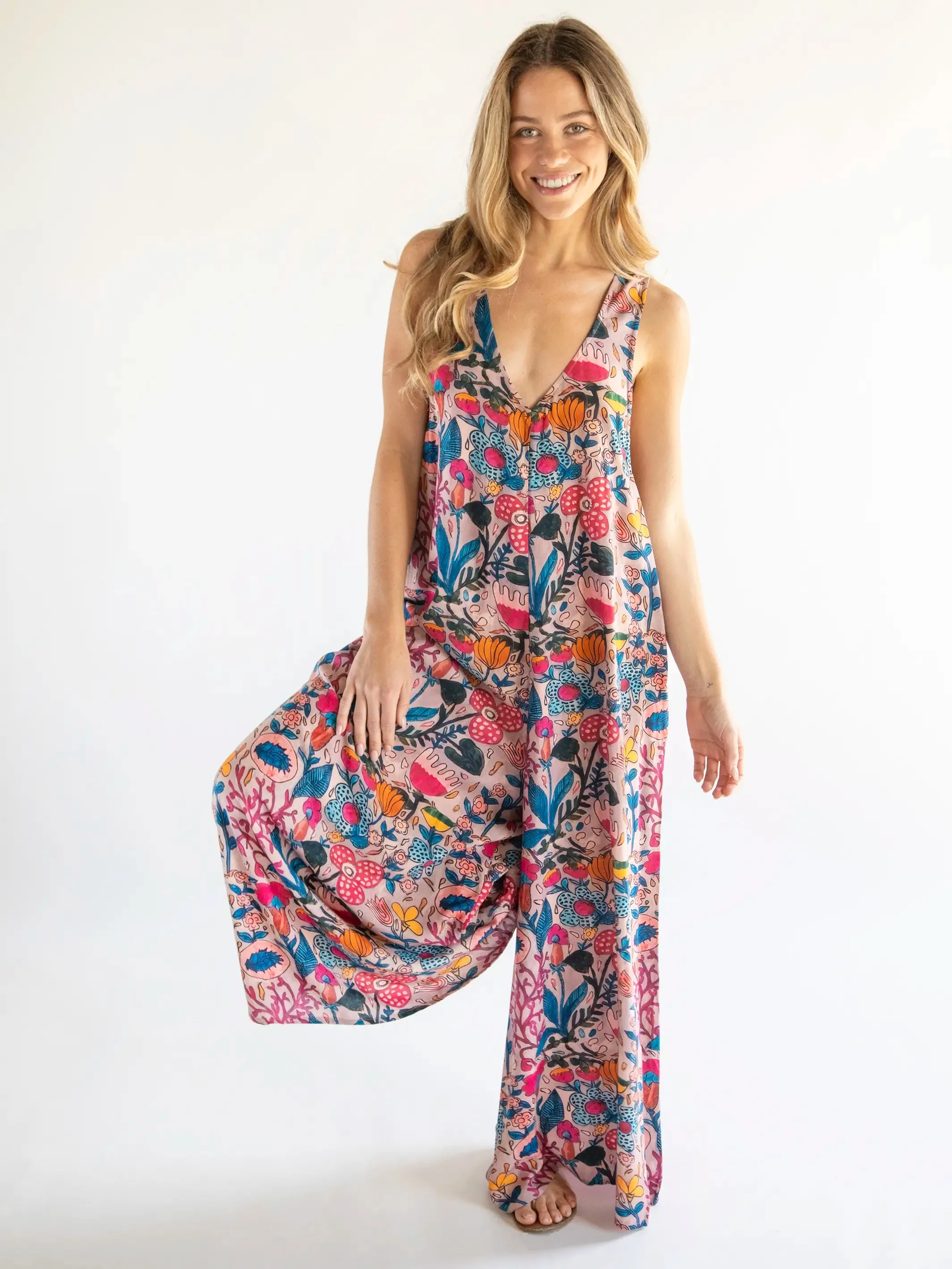 Let's Just Go Wide-Leg Jumpsuit - Light Pink Multi Floral