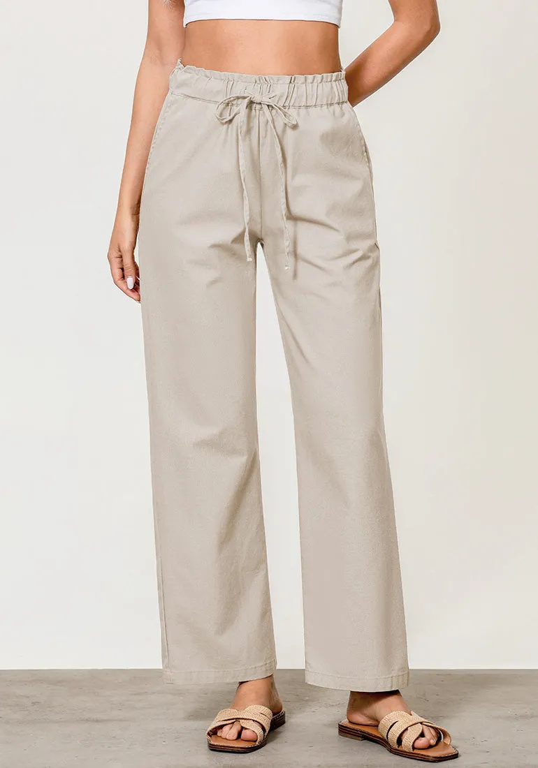 Light Khaki Women's Casual Full Length Elastic High Waist Relaxed Fit Wide Leg Pants with Pocket