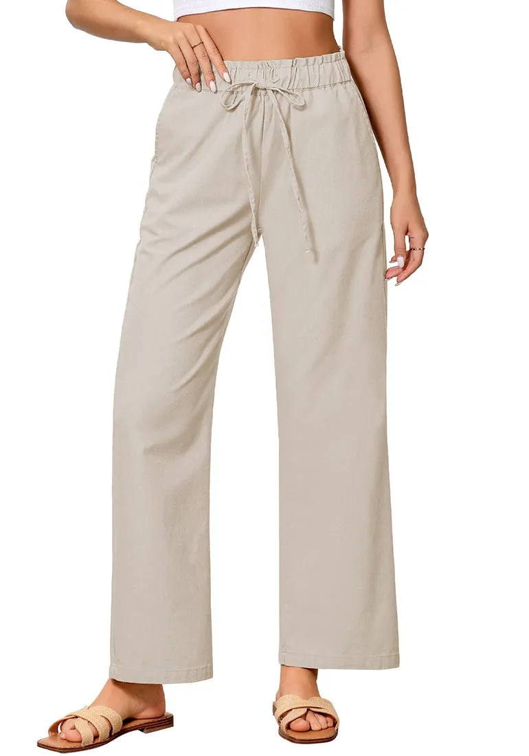 Light Khaki Women's Casual Full Length Elastic High Waist Relaxed Fit Wide Leg Pants with Pocket