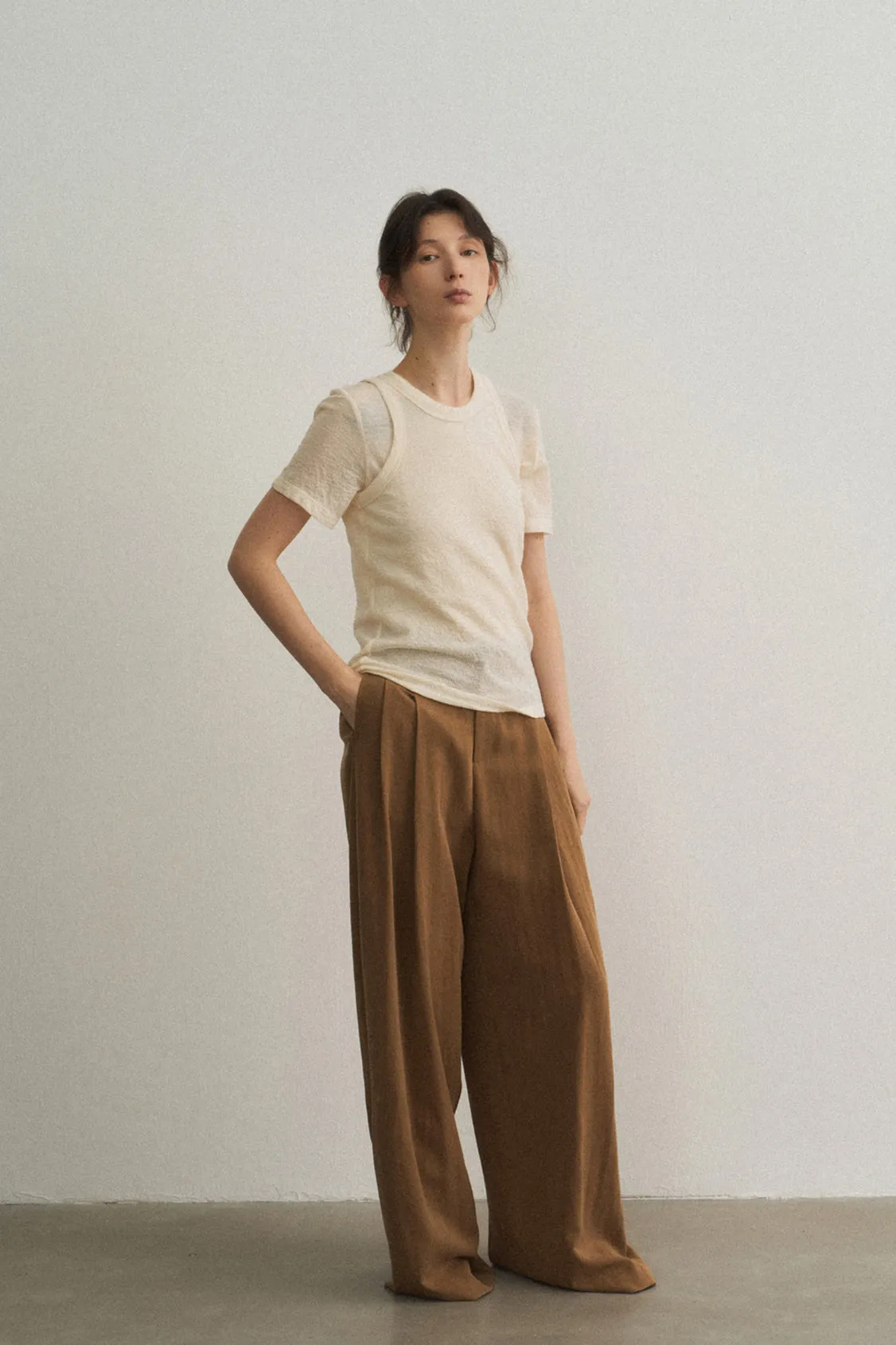 Lyocell blend brushed textured wide leg pants | 5 color