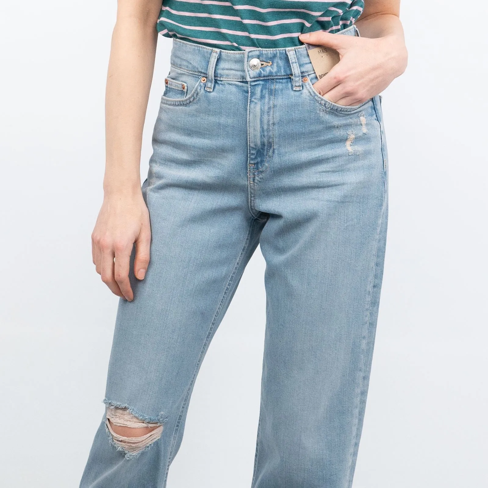 M&S Boyfriend Style Blue Denim High Waist Ripped Jeans