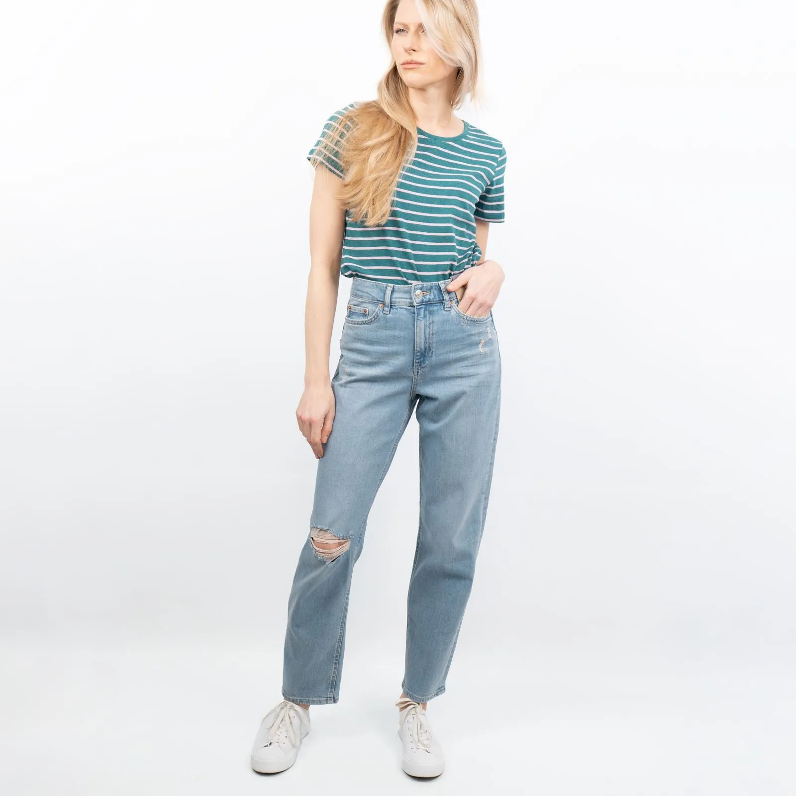 M&S Boyfriend Style Blue Denim High Waist Ripped Jeans