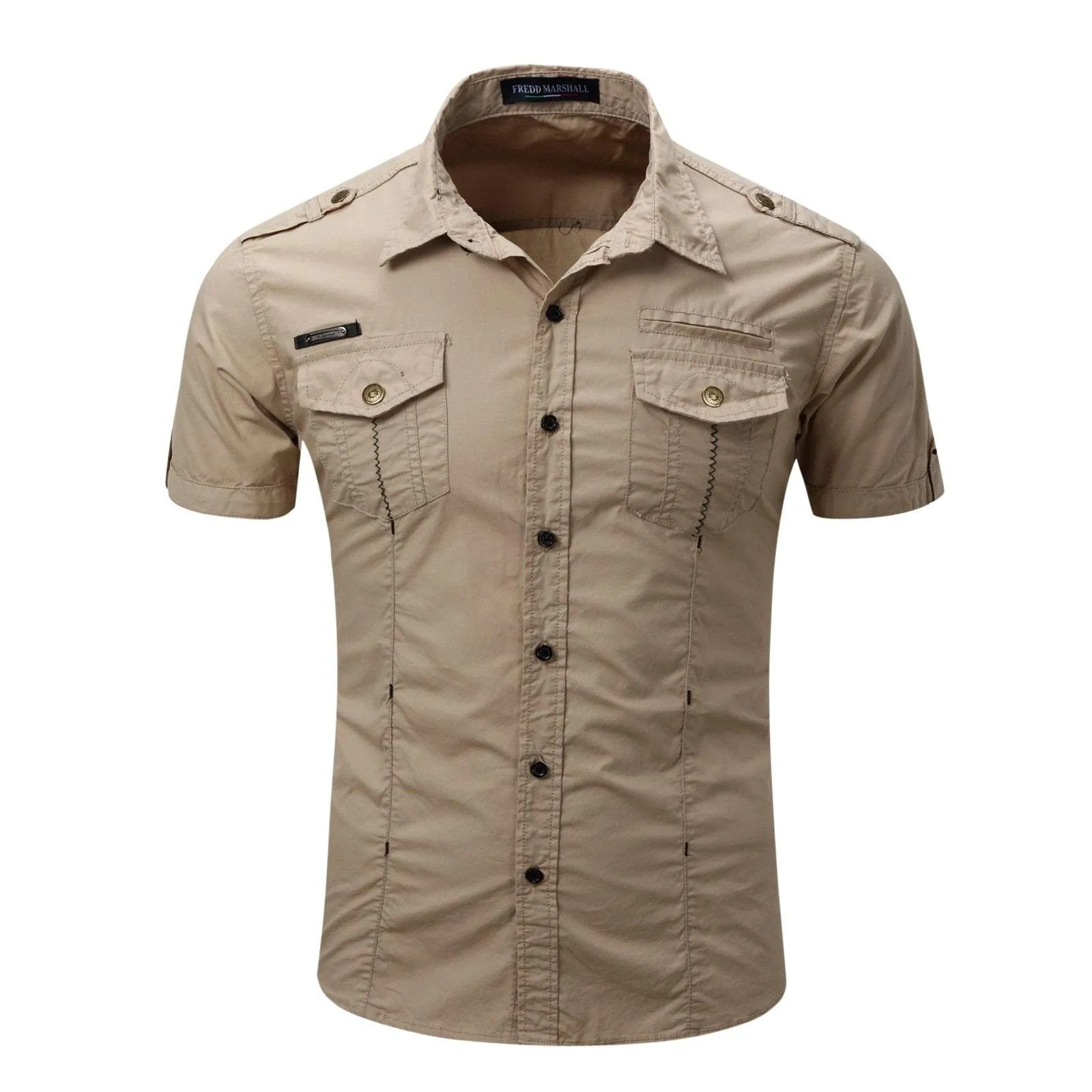 Men's Casual Slim Fitted Cotton Cargo Short Sleeve Shirt