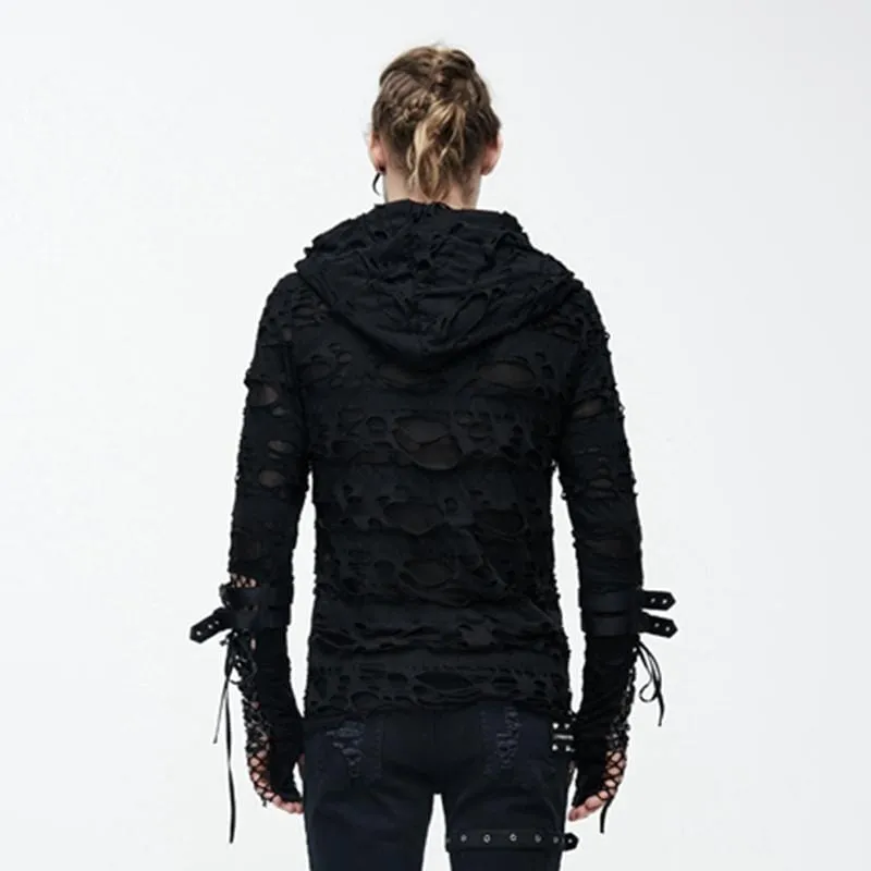 Men's Distressed Ripped Hooded Punk-Shirt With Mesh Underlayer