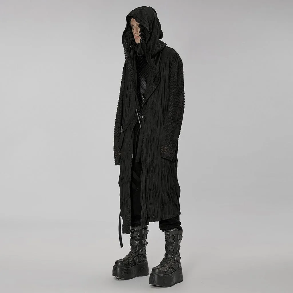 Men's Gothic Ripped Long Coat with Drawstring Hood