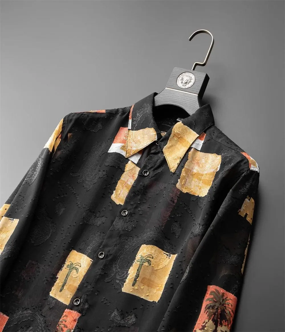 Men's Loose Fit Casual Shirt with Retro Print - Fashionable Vintage Style