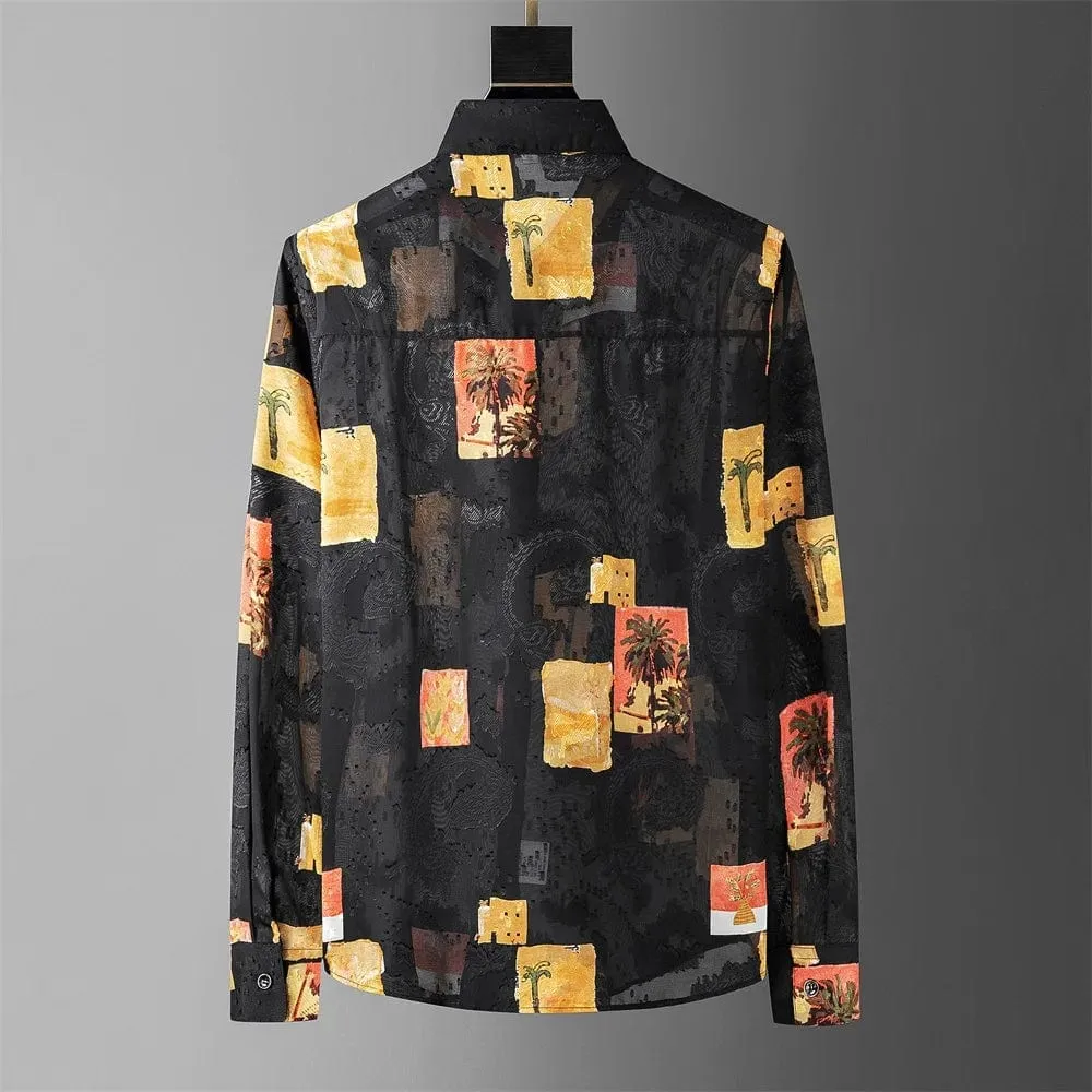 Men's Loose Fit Casual Shirt with Retro Print - Fashionable Vintage Style