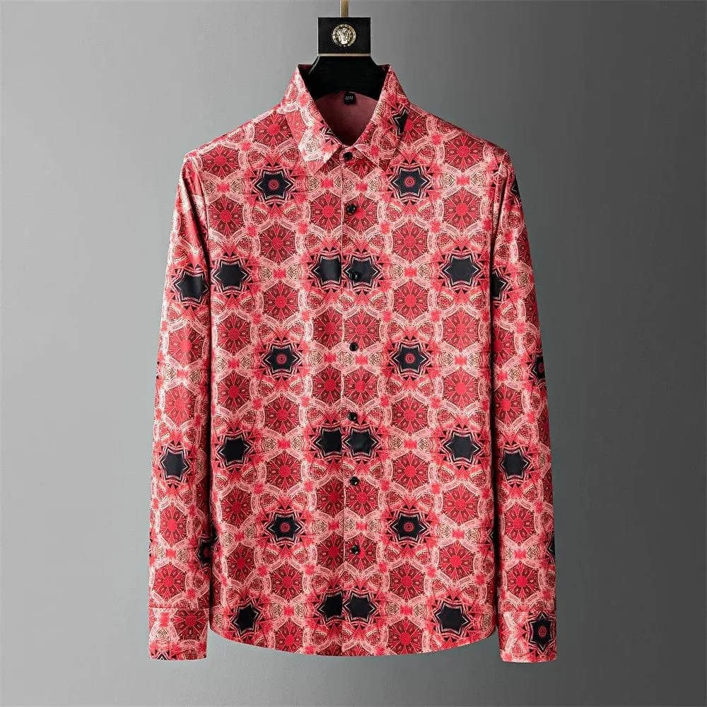 Men's Printed Geometric Pattern Shirt: Long Sleeve Slim Fit for Casual, Business, and Party Dressing