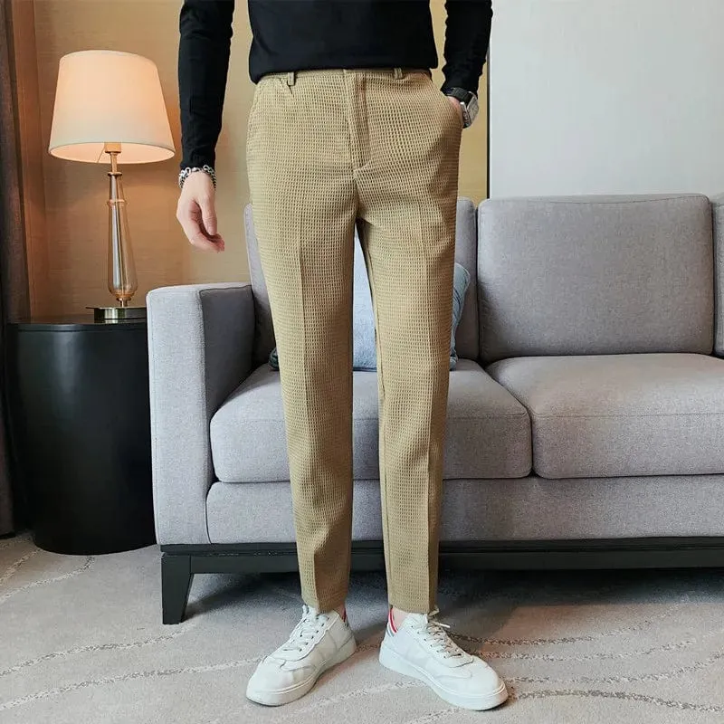 Men's Slim Fit Waffle Dress Pants: High-Quality Fashion Suit Trousers