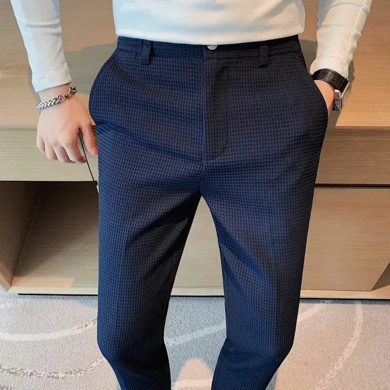 Men's Slim Fit Waffle Dress Pants: High-Quality Fashion Suit Trousers